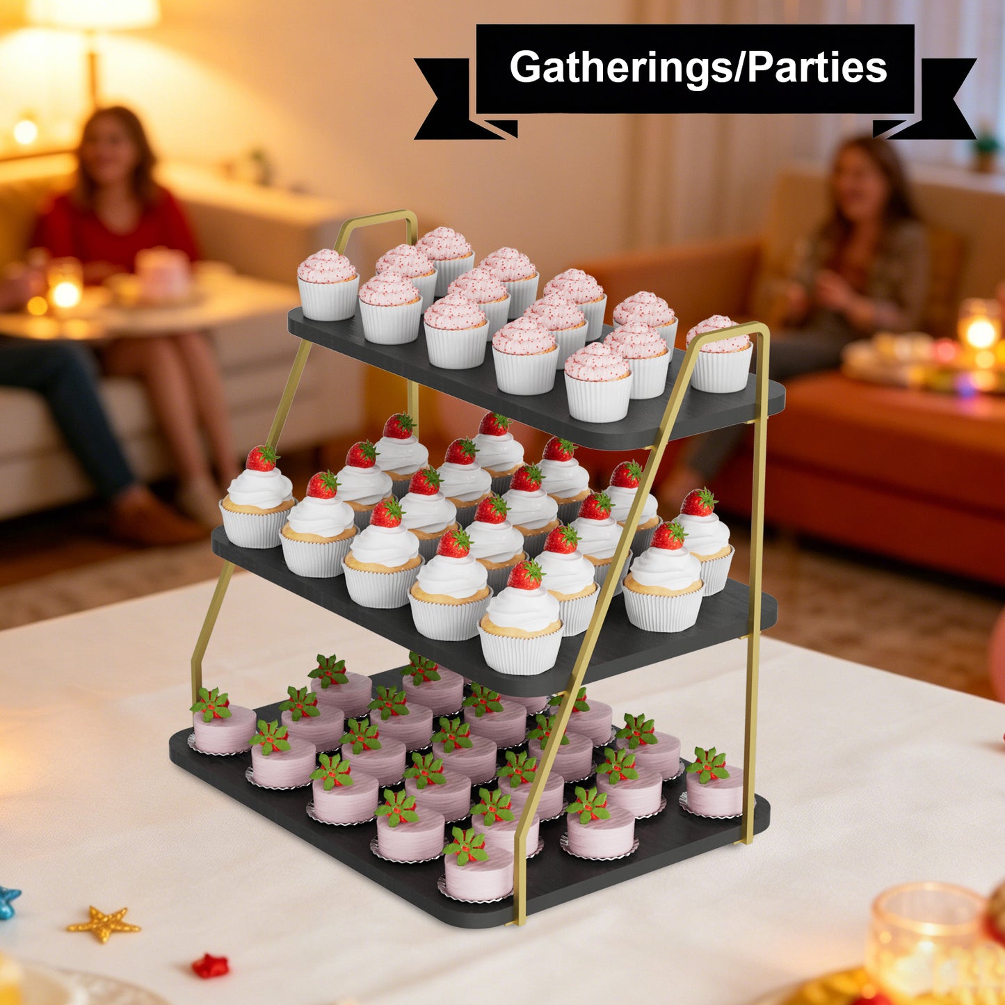 VyGrow Cupcake Stand, 3-Tier Dessert Stand for 55 Cupcakes, Wood & Metal Tower Display Premium Holder Dessert Tree Tower for Christmas Birthday Weddings Party Decor, Serving Tray (Black & Gold)