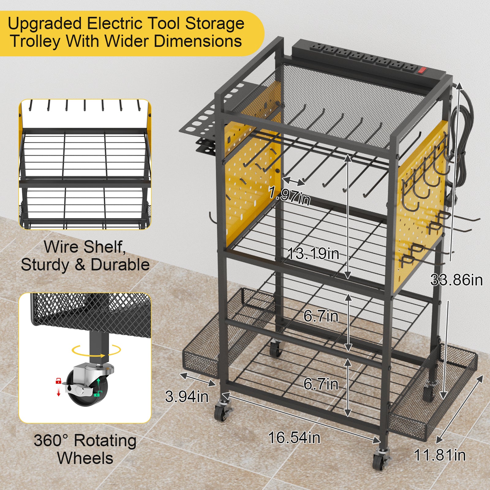 Power Tool Organizer Cart with Charging Station, Heavy Duty Garage Tool Organizer Rolling Tool Battery Storage with 8-Outlet Power Strip, 4 Wheels, 2 Hanging Baskets, Hooks, Drill Bit Holder, Yellow