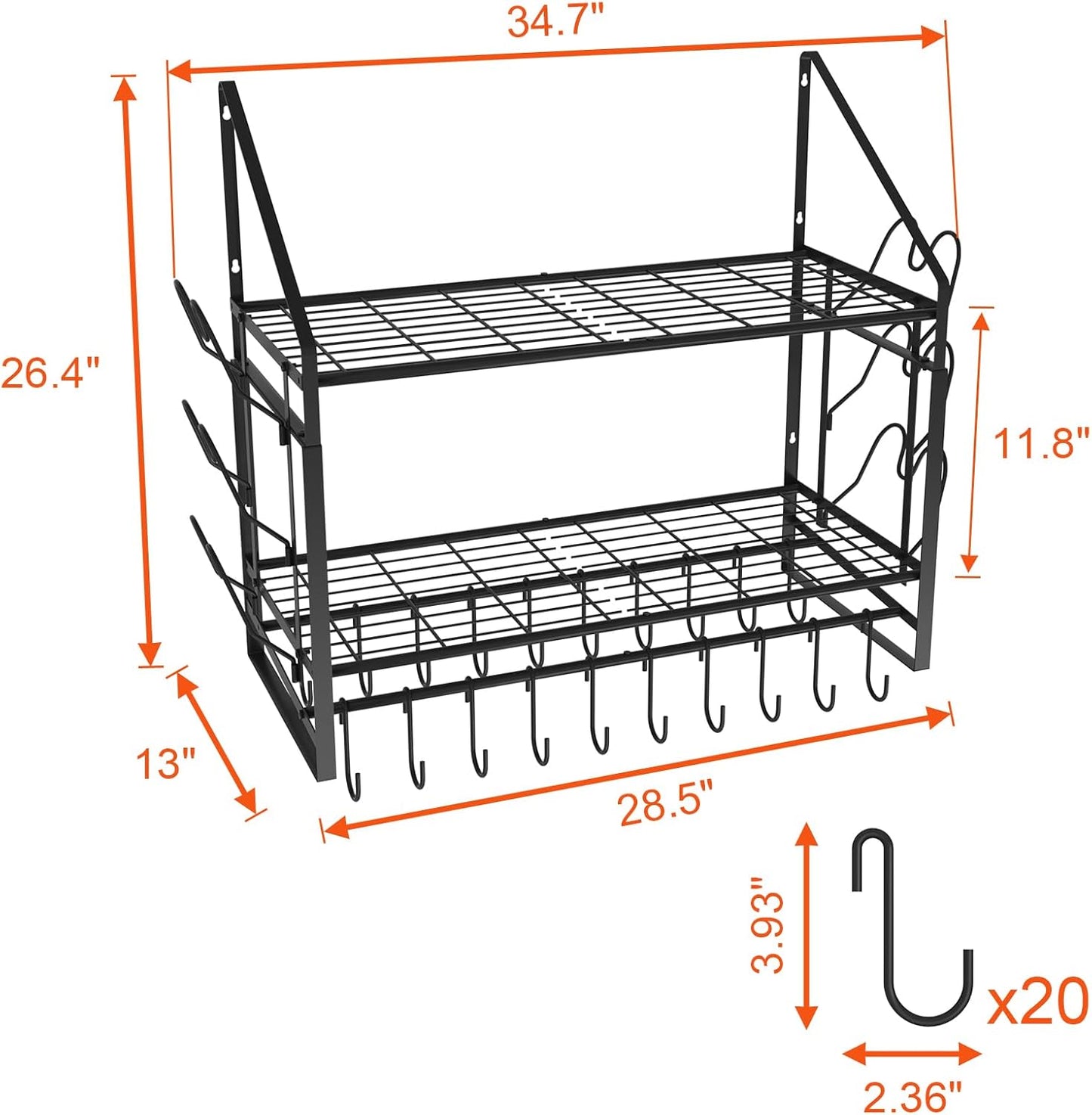 VyGrow 35 Inch Pot Rack Wall Mounted, 2 Tier Pots and Pans Organizer with 20 Hooks and 6 Pot Lid Holders, Heavy Duty Steel Pot and Pan Hanger for Kitchen Cookware Utensils Storage 34.7" Lx13 Wx26.4 H