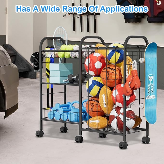 NEYCIL Ball Storage Rack, Sports Ball Storage Cart with 6 Wheels, Elastic Strap, Removable Basket, Hooks, Sports Equipment Organizer For Garage, Children's Room, Court, School, Small Gym, Outdoor