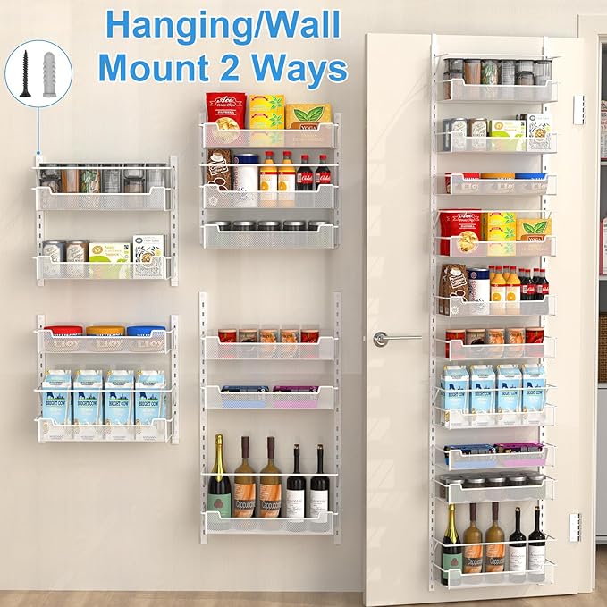VyGrow Over the Door Pantry Organizer, 10-Tier Over the Door Organizer with Adjustable Basket, Pantry Door Organization for Pantry Kitchen Storage Room Spice Rack, White