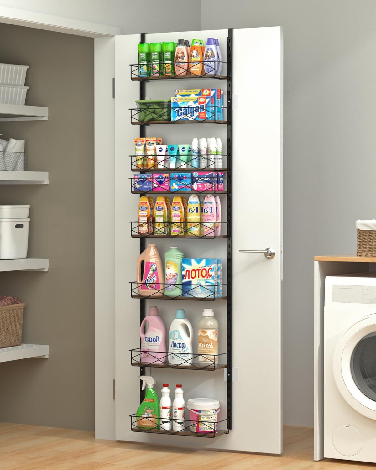 VyGrow Over The Door Pantry Organizer, 8-Tier Wood & Metal Over The Door Organizer with Adjustable Basket, Hanging Spice Rack, Door Organization and Storage for Kitchen Pantry Door Cabinet, Black