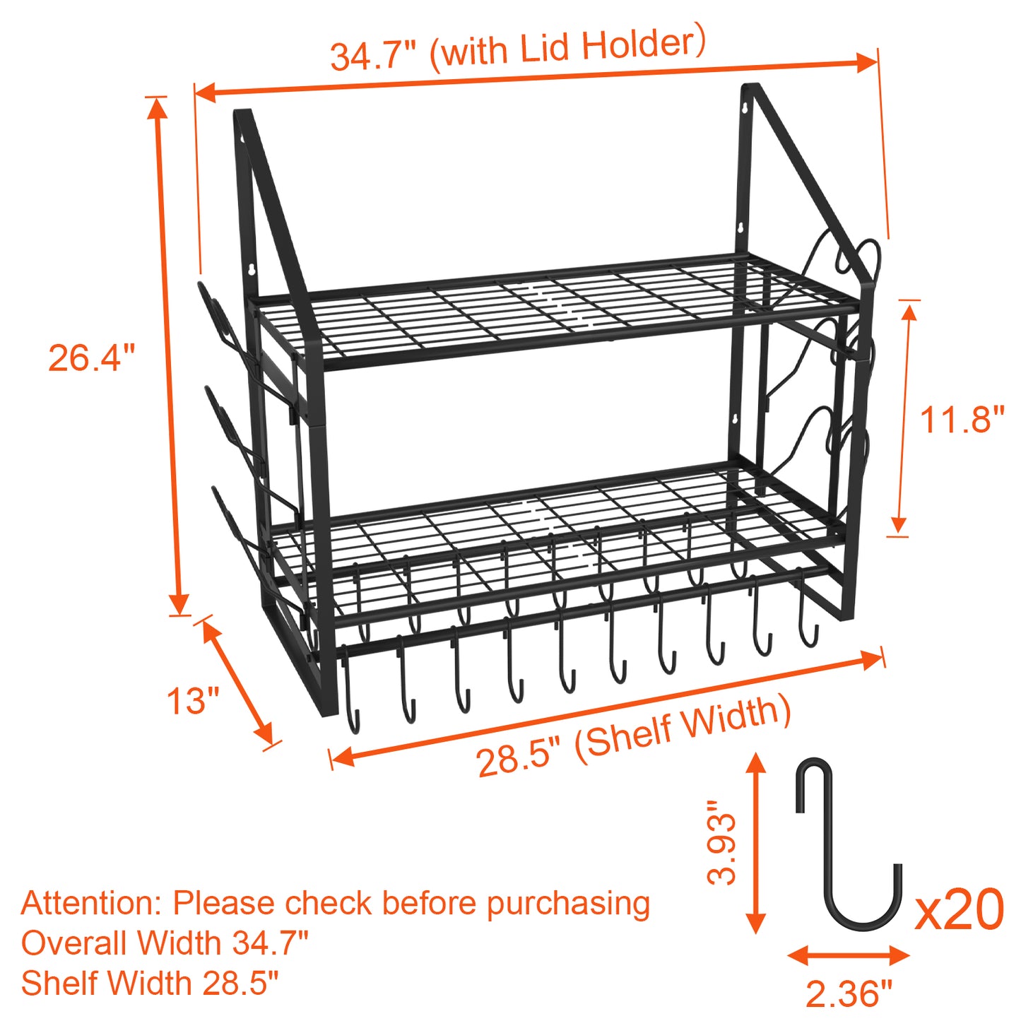 VyGrow 28 Inch Pot Rack Wall Mounted, 2 Tier Pots and Pans Organizer with 20 Hooks and 6 Pot Lid Holders, Heavy Duty Steel Pot and Pan Hanger for Kitchen Cookware Utensils Storage 34.7" Lx13 Wx26.4 H