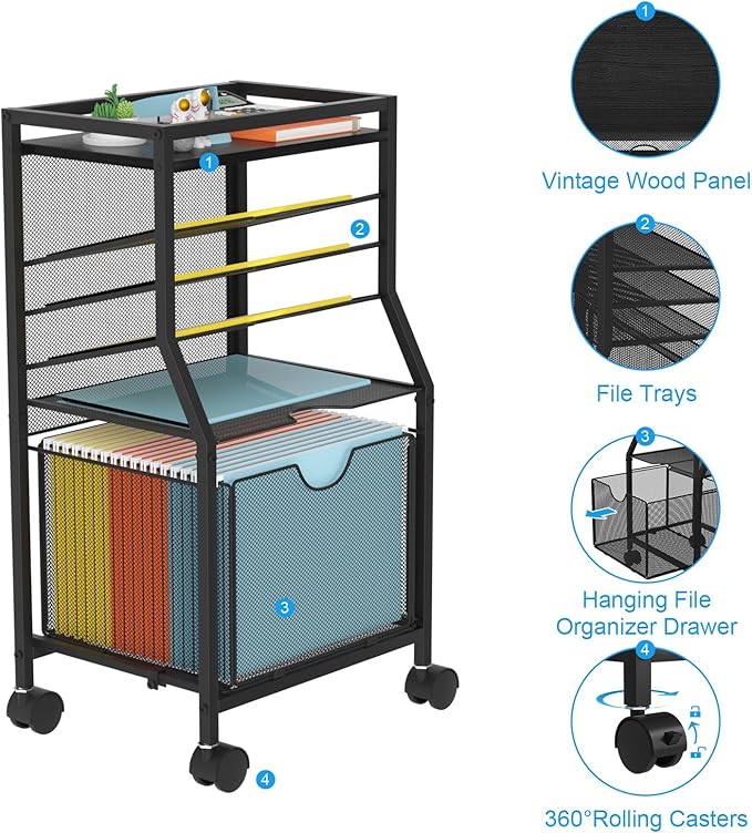 BOHDK Rolling File Cart, 6-Tier Desk File Organizer on Lockable Wheels, Black Wood Planks & Mesh Sliding Hanging Folder Drawer, Organization Cart for Office Home School