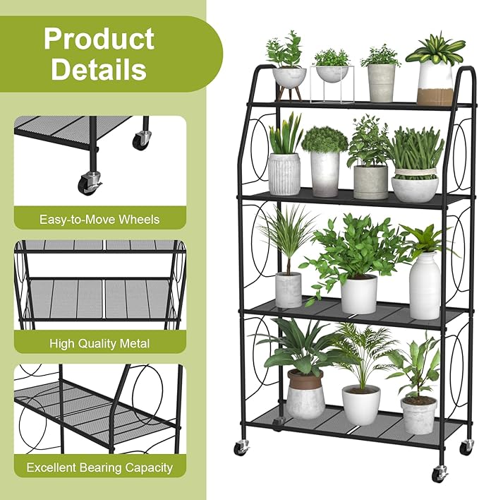 VyGrow 4 Tier Plant Stand with Wheels, Plant Shelf for Indoor Outdoor, Heavy Duty Metal Tall Plant Stands Holder Rack for Living Room Balcony and Garden, Black