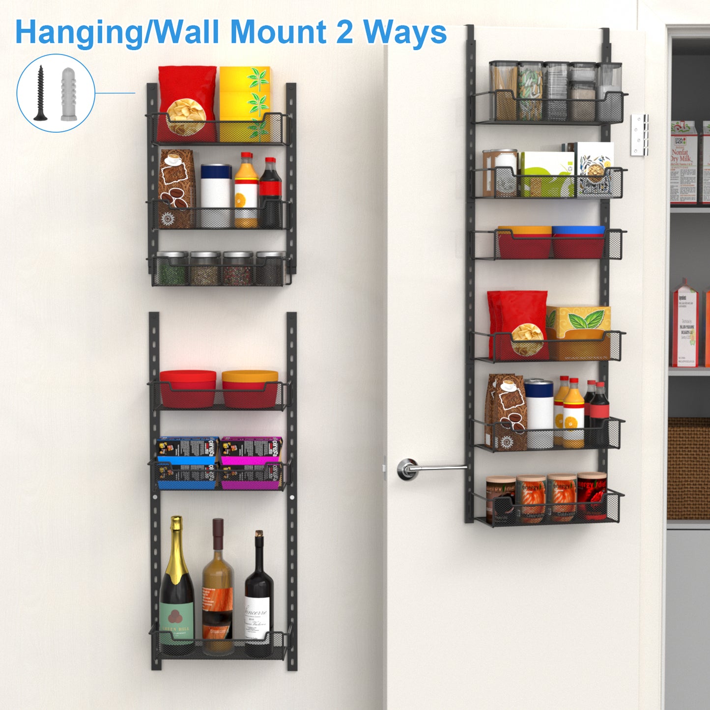 VyGrow 12.3" W Narrow Over the Door Pantry Organizer, 6-Tier Over the Door Organizer with Adjustable Basket, Pantry Door Organization for Pantry Kitchen Storage Room Spice Rack, Black