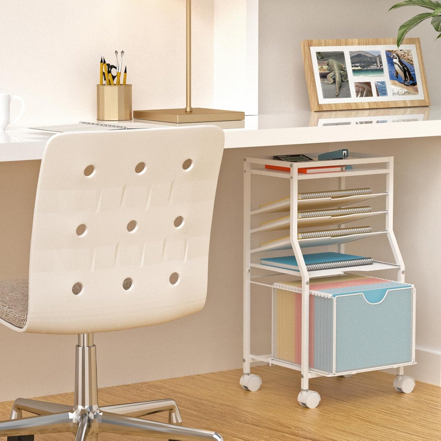 BOHDK Rolling File Cart, 6-Tier Desk File Organizer on Lockable Wheels, White Wood Planks & Mesh Sliding Hanging Folder Drawer, Organization Cart for Office Home School