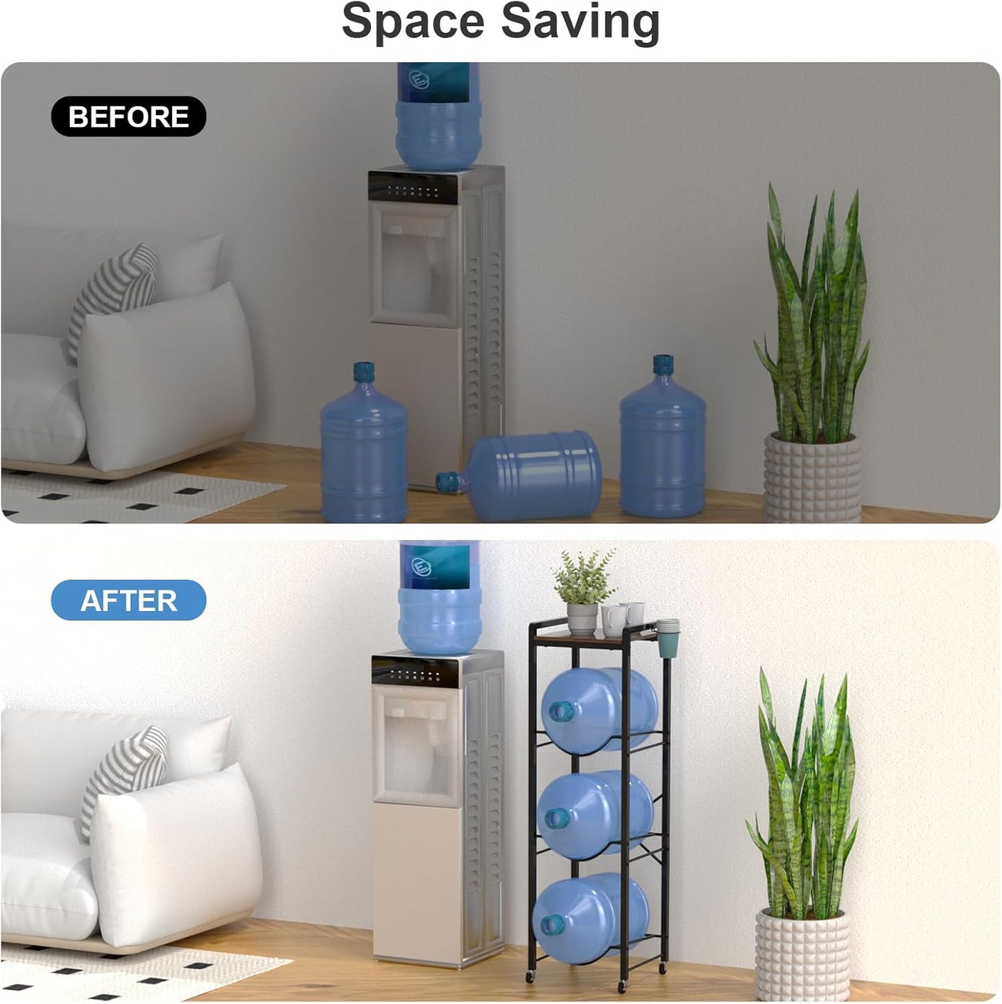 NEYCIL 5 Gallon Water Jug Holder, Heavy Duty Water Jug Stand with Lockable Wheels, 3-Tier Water Jug Rack With Wooden Tabletop for Home, Office, Kitchen, Restaurant