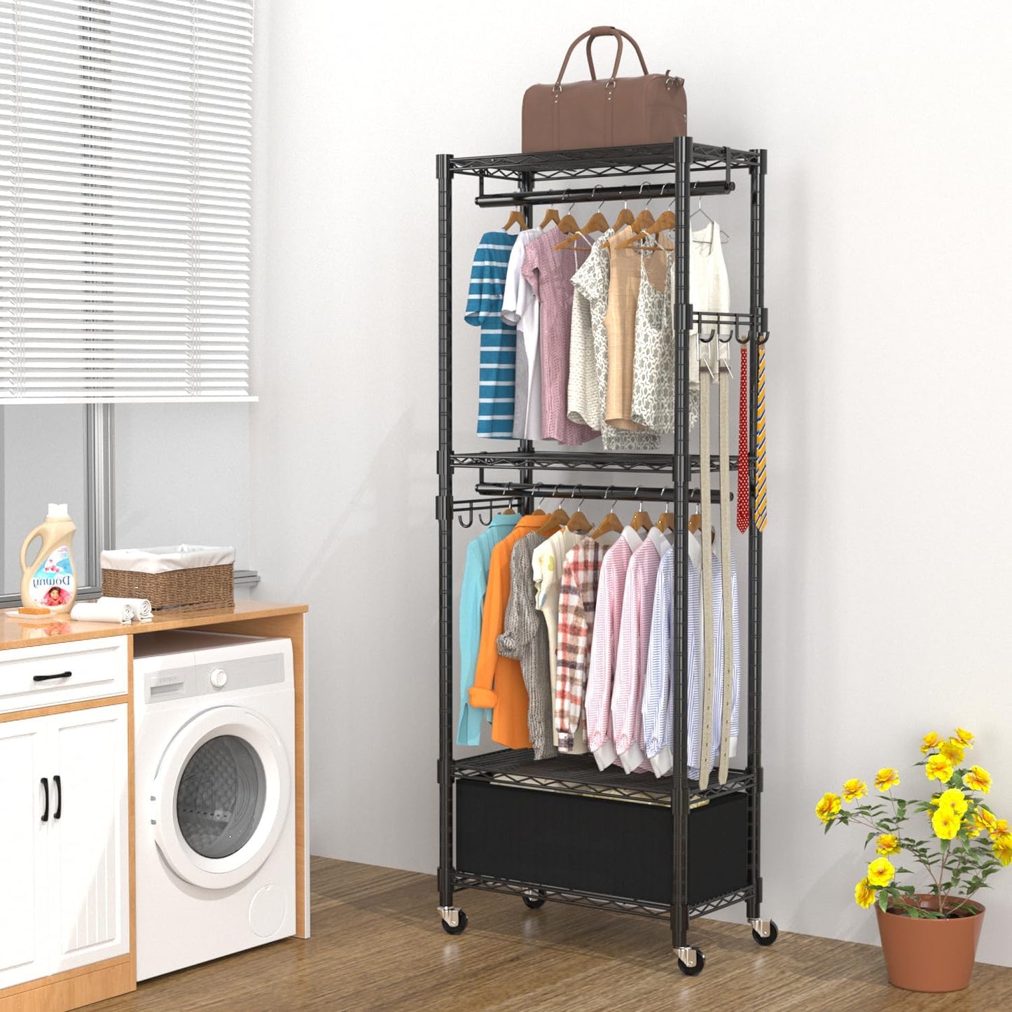 VyGrow Clothes Rack, Clothing Rack for Hanging Clothes, Kids Clothes Rack, 4 Tiers Adjustable Closet Organizer with Drawer | Double Rods | Side Hooks | Load 445lbs | ‎13.18" D x 23" W x 78.74" H