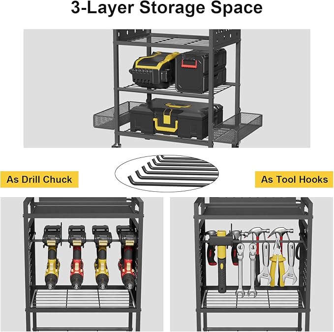 NEYCIL Power Tool Organizer Cart with Charging Station, Heavy Duty Garage Tool Organizer Rolling Tool Battery Storage with 8-Outlet Power Strip, 4 Wheels, 2 Hanging Baskets, 8 Hooks, Drill Bit Holder, Black