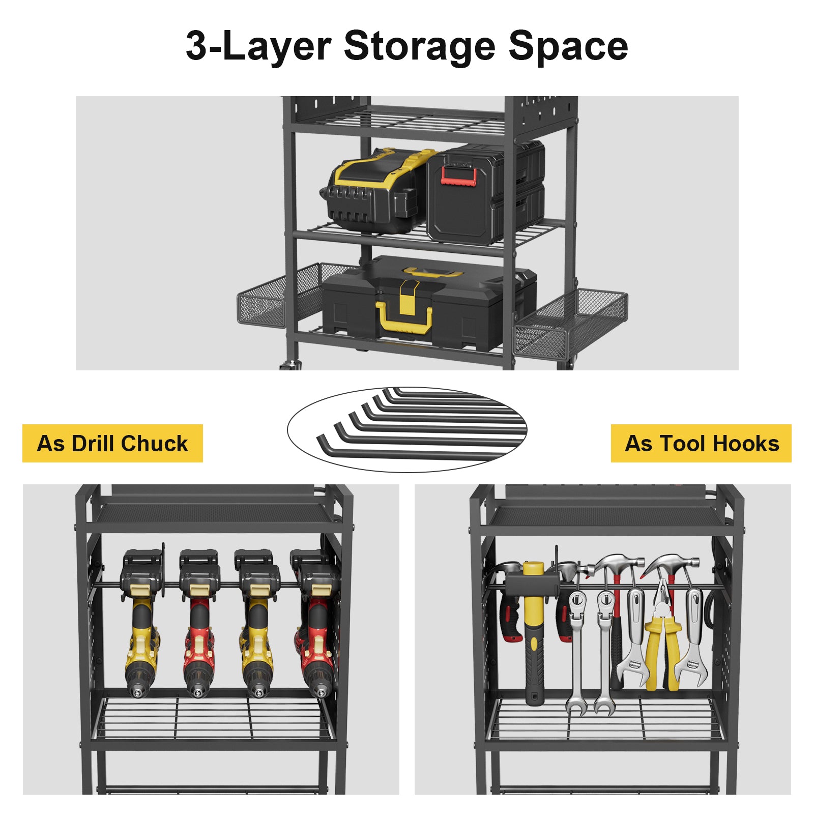 Power Tool Organizer Cart with Charging Station, Heavy Duty Garage Tool Organizer Rolling Tool Battery Storage (Black, 4.9FT Cord)