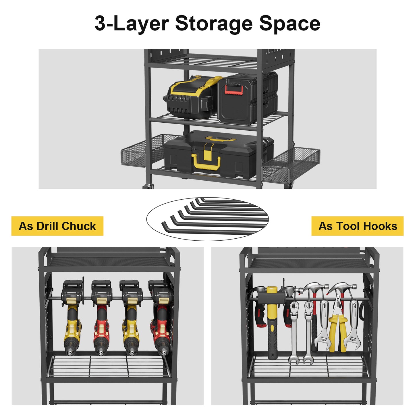Power Tool Organizer Cart with Charging Station, Heavy Duty Garage Tool Organizer Rolling Tool Battery Storage (Black, 4.9FT Cord)