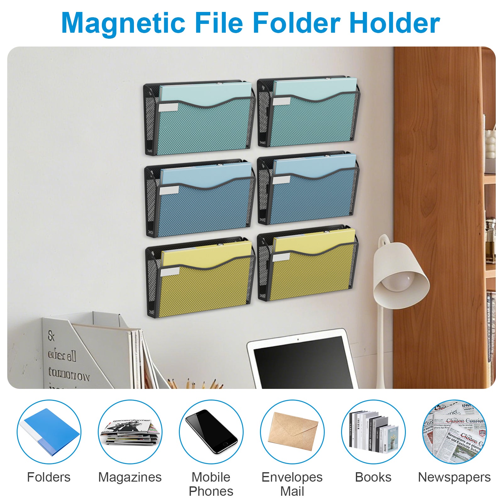 BOHDK Wall File Organizer, Mesh Hanging File Organizer, Home Office Organization and Storage, 6 Single Pockets Document Magazine Rack
