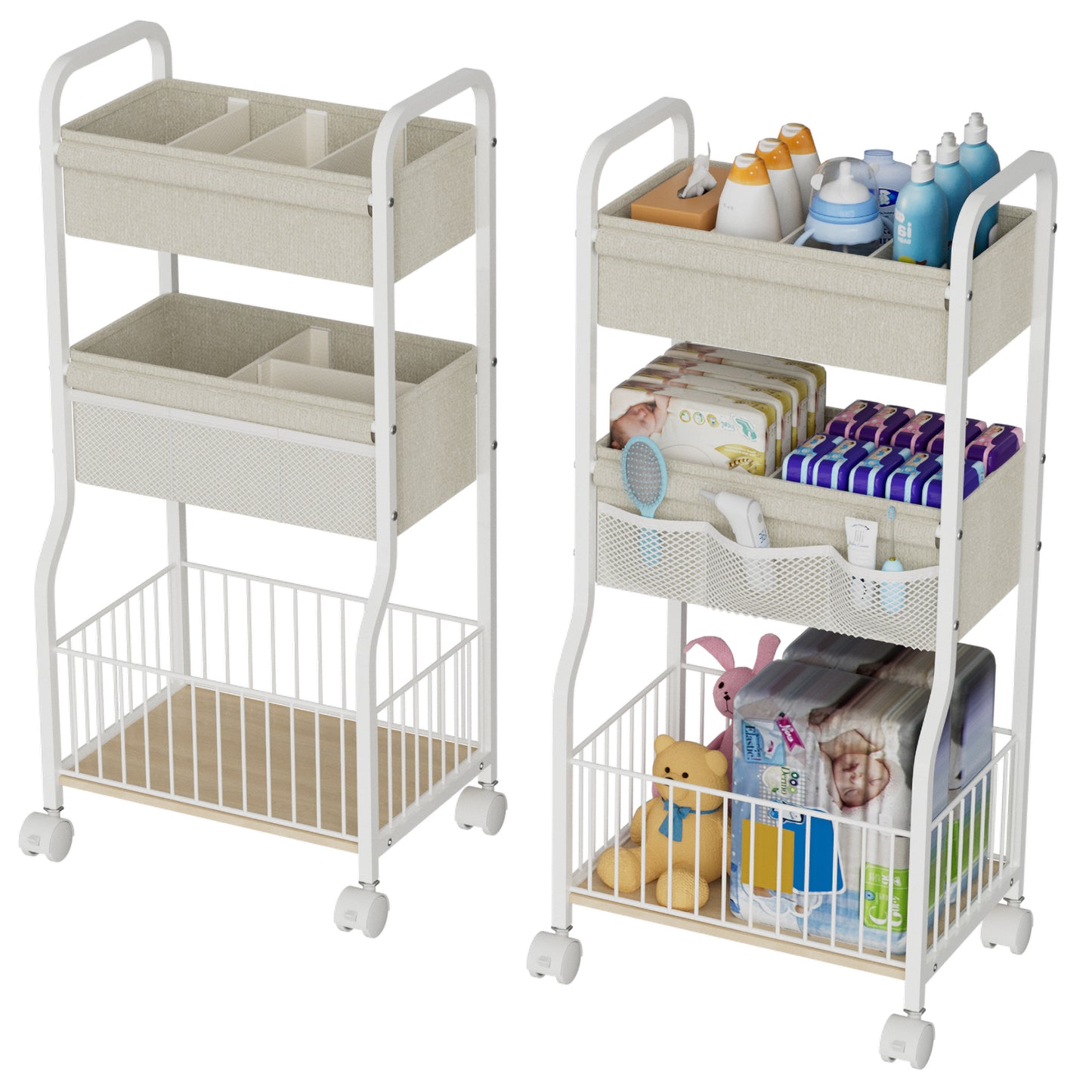 3-tier Baby Diaper Caddy Organizer and Storage Cart with 4+3 Dividers, Metal Utility Cart with Lockable Wheels for Nursery, Bedroom, Bathroom, White