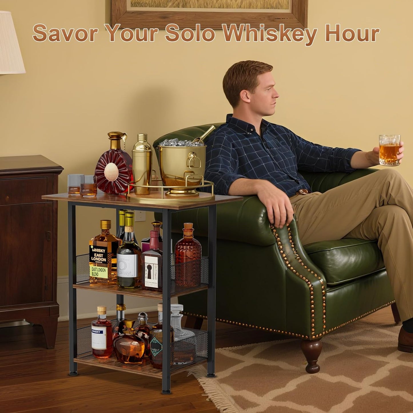 NEYCIL Freestanding Bar for Whiskey, 3-Tier Bar Cabinets Mini Bar Wine Table Whiskey Liquor Bottle Display Stand, Corner Cabinet for Kitchen, Dining Room, Living Room, Black