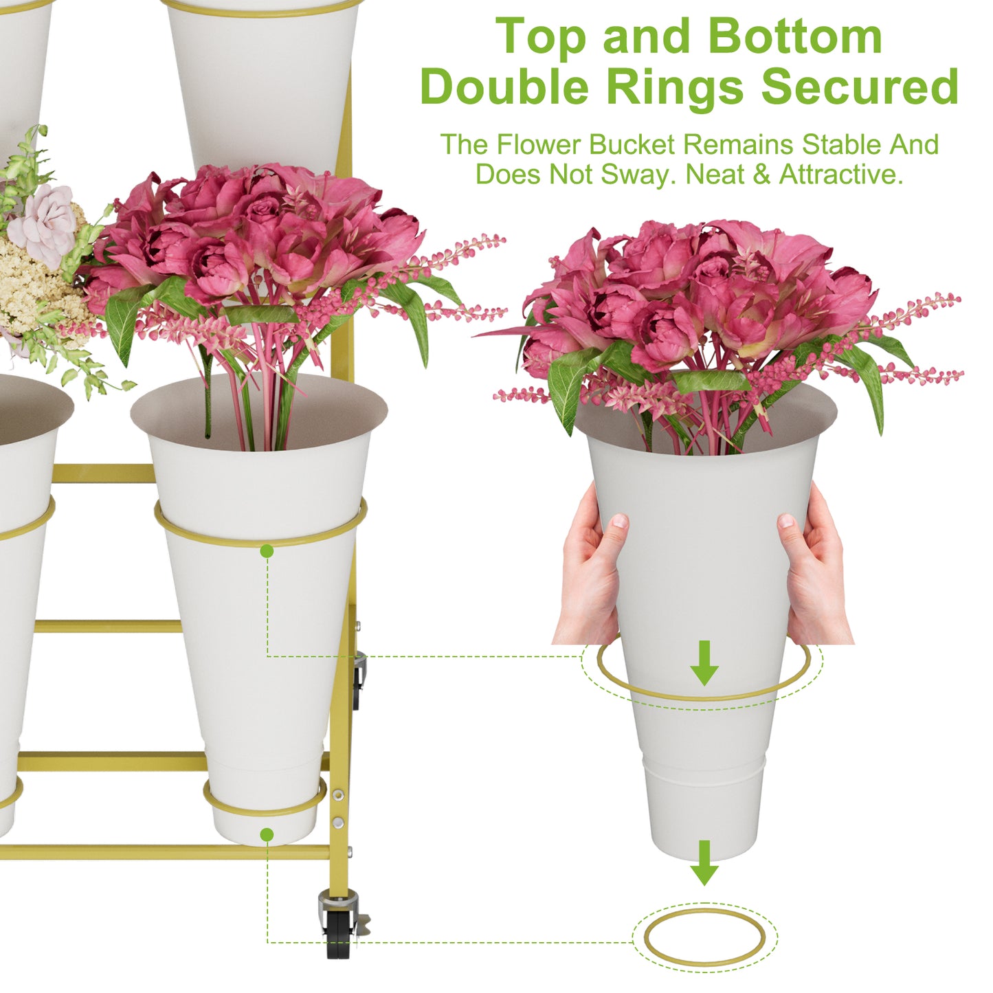 Flower Stand, 3 Tier Flower Display Stand with 12 Buckets, Upgrade Double Circle No Shaking, Outdoor Flower Cart with Wheels for Patio, Garden, Shop, Wedding, Party, Exhibition, Indoor, Gold