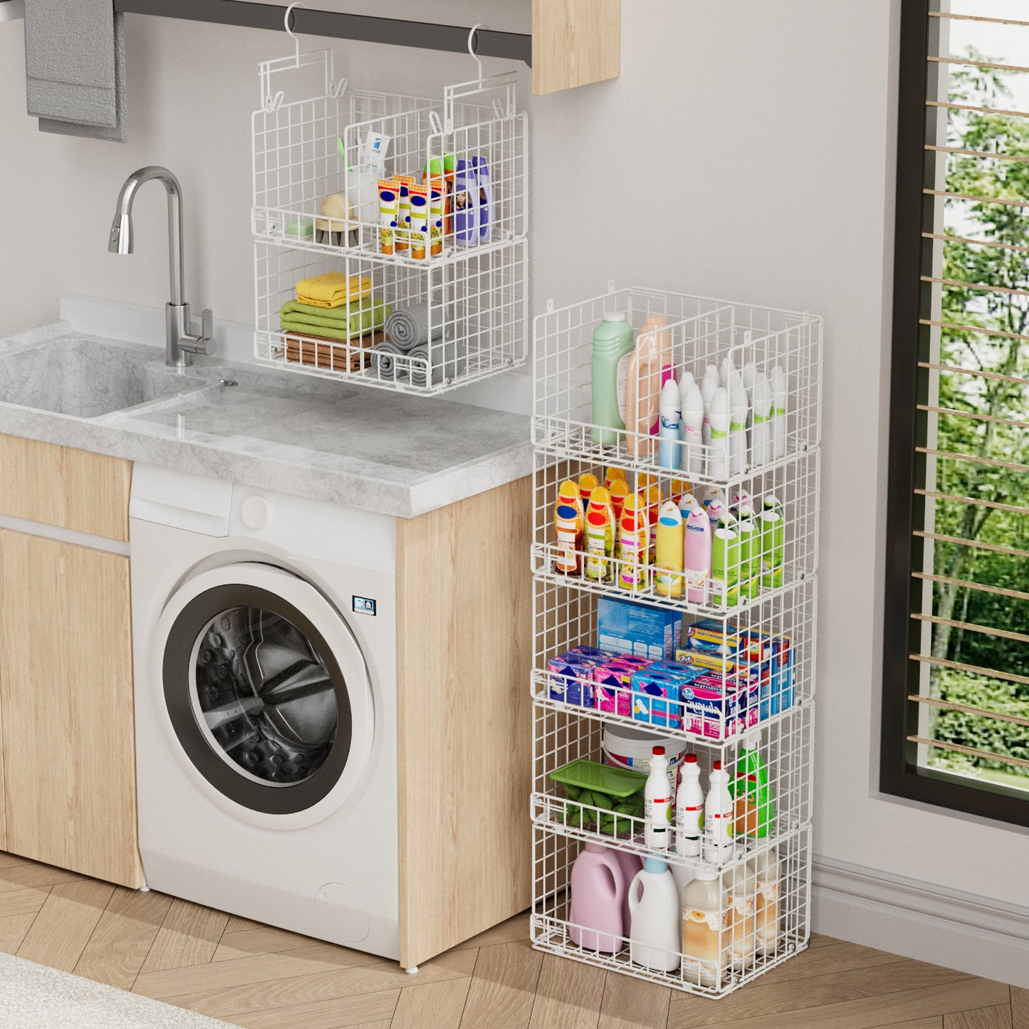 VyGrow 5 Tier Hanging Closet Organizer with Adjustable Dividers, Heavy-Duty Storage Shelves for Clothing, Kitchen, Laundry Room, Extra Large Baskets, 15.7" W x 11.8" D x 51" H, White