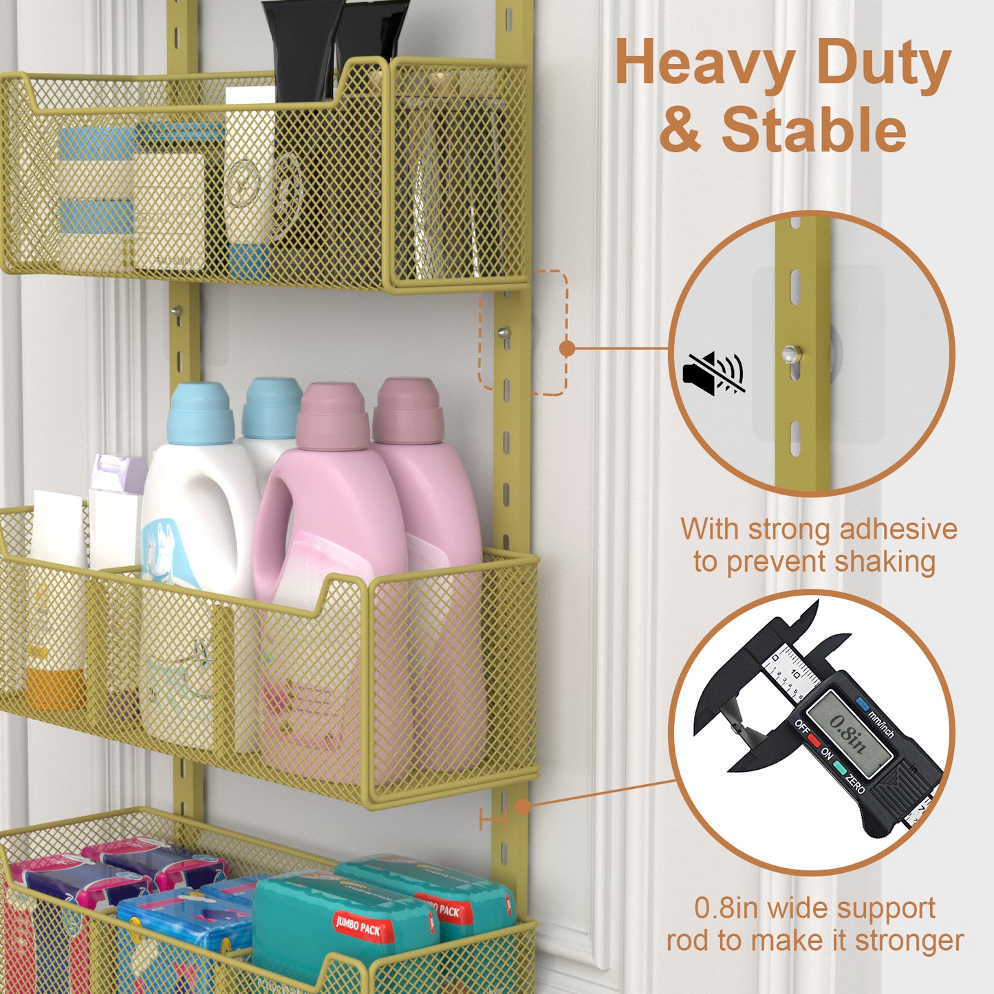 VyGrow Over The Door Organizer, Metal Door Organizer Hanging with 5 Adjustable Baskets and Coat Hook, Behind The Door Storage for Bedroom Closet Bathroom Pantry Cabinet Kitchen, Gold