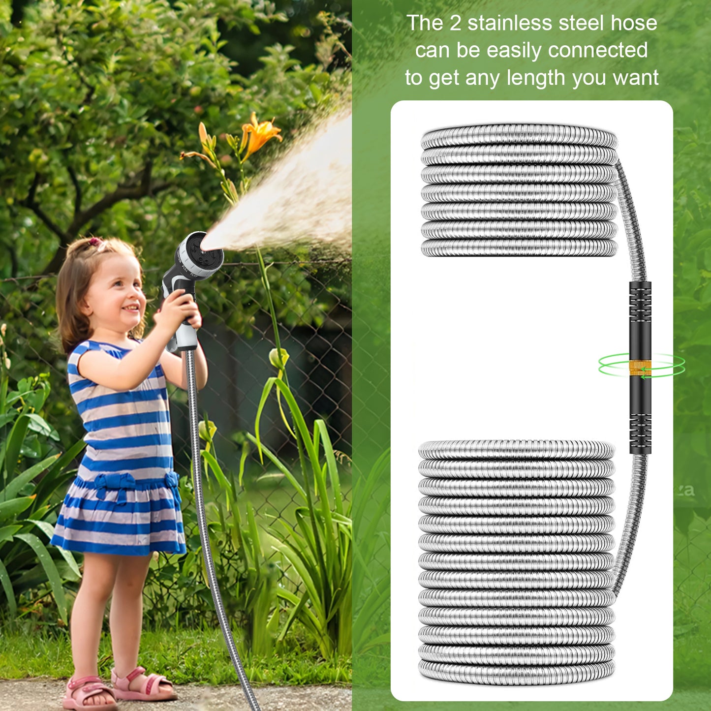 NEYCIL Stainless Steel Garden Hose 50ft, Heavy-Duty Water Hose with 10 Function Nozzle, Puncture Proof, No-Tangle, No-Kink, Garden Hose for Yards, Car Washing & Outdoor Cleaning
