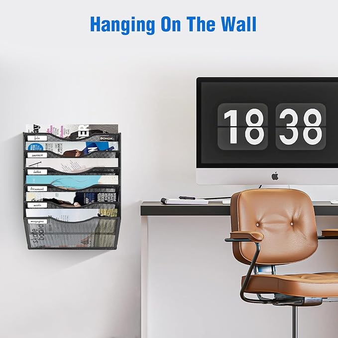 BOHDK Wall File Organizer, 6 Tier Hanging File Folder Mail Organizer, Vertical Mesh Metal Wall Mount Hanging File Holder, Paper Document Magazine Rack for Home Office Black