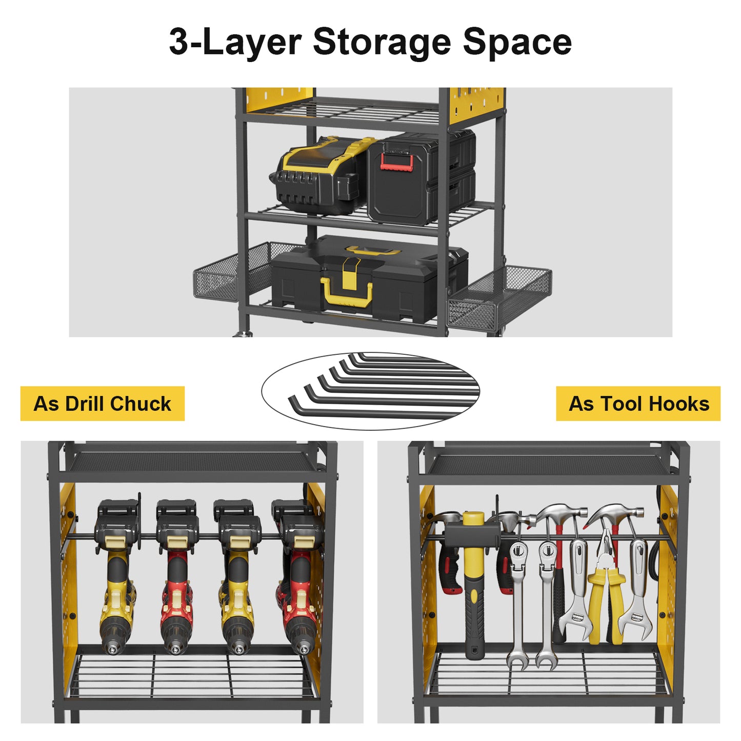 Power Tool Organizer Cart with Charging Station, Heavy Duty Garage Tool Organizer Rolling Tool Battery Storage with 8-Outlet Power Strip, 4 Wheels, 2 Hanging Baskets, Hooks, Drill Bit Holder, Yellow
