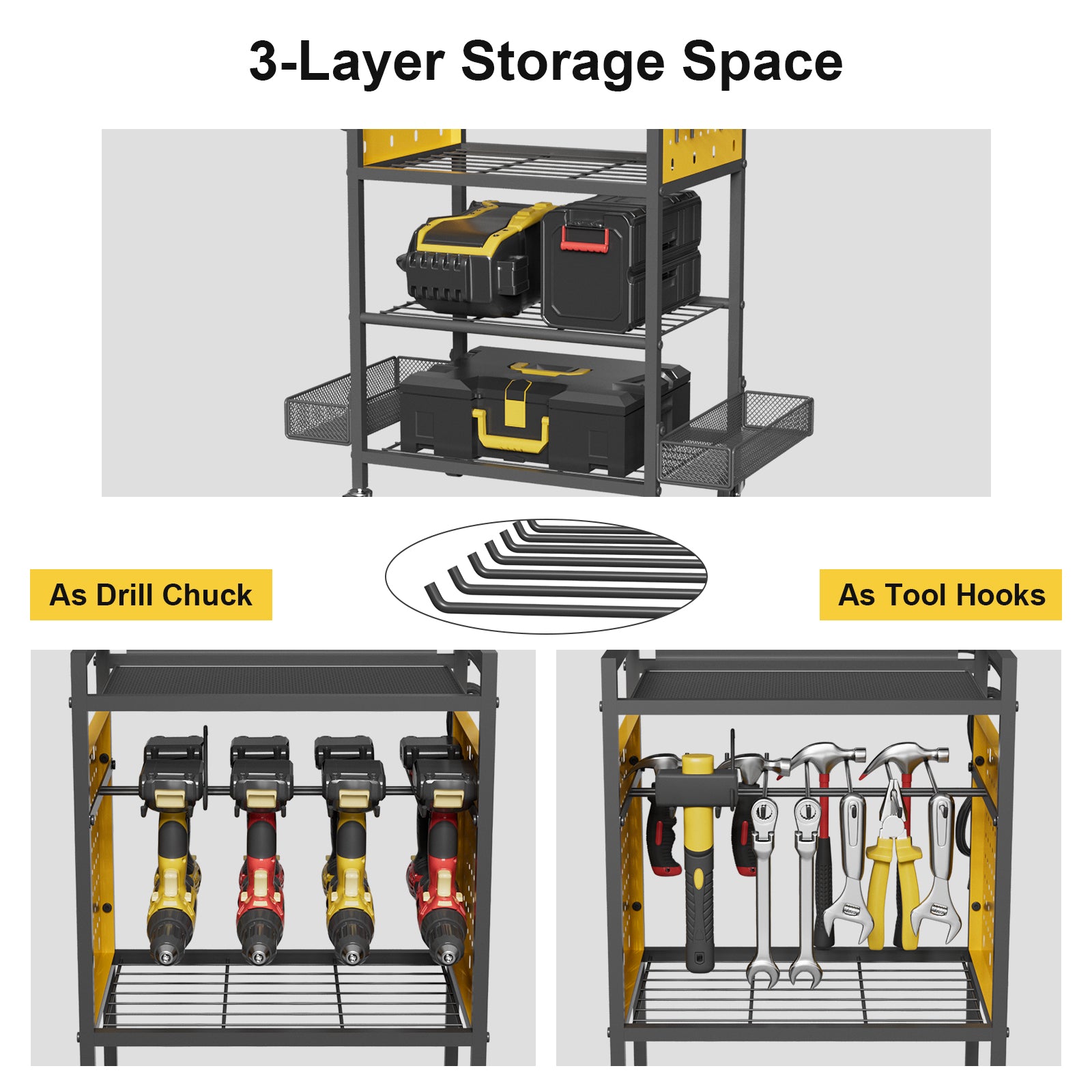Power Tool Organizer Cart with Charging Station, Heavy Duty Garage Tool Organizer Rolling Tool Battery Storage with 8-Outlet Power Strip, 4 Wheels, 2 Hanging Baskets, Hooks, Drill Bit Holder, Yellow