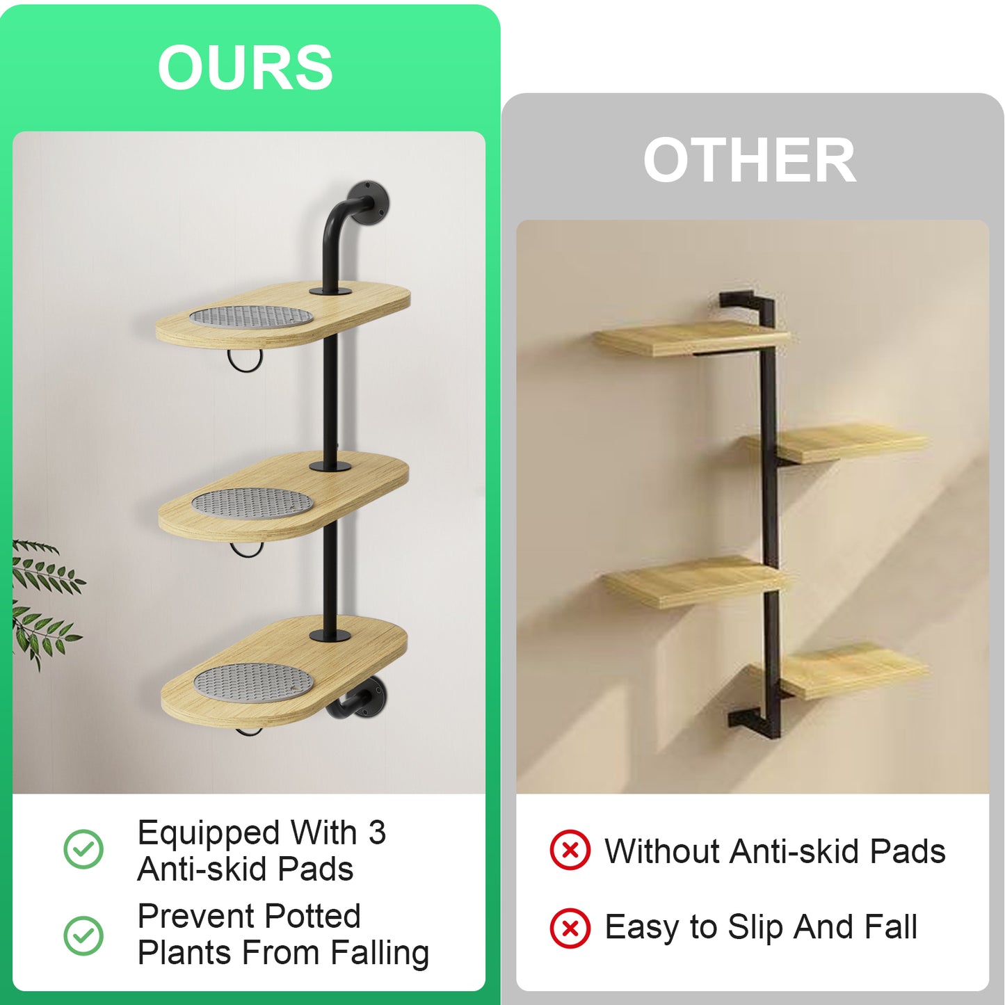 Rotating Window Plant Shelves with 3 Anti-slip Mats, 3 Tier Plant Stand Indoor Outdoor, Wooden Window Plant Shelf with 3 Circle Hook, Hanging Plant Holder for Window, Potted Plants, Flowerpots (Oak Color, 3 Tier)