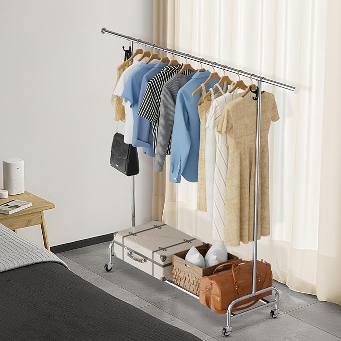 NEYCIL Standard Clothing Garment Rack with Wheels, 47.05" to 65.94" Adjustable Chrome Clothes Rack for Hanging Clothes, Portable Rolling Clothing Rack with Lockable Casters for Bedroom, Laundry Room
