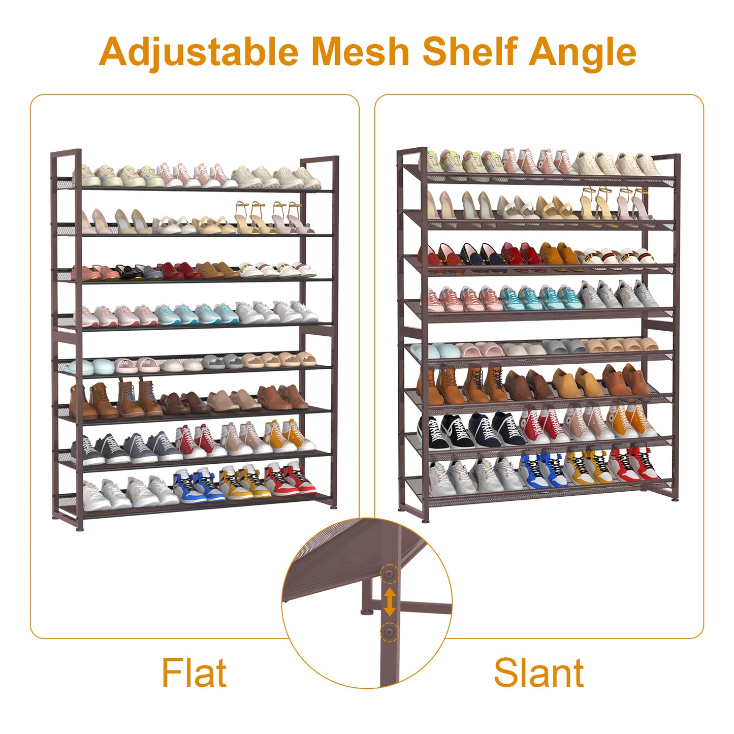 Large Shoe Rack 8 Tier Shoe Organizer, Heavy Duty Metal 4-Tier Stackable Shoe Storage Vertical Shoe Rack for Closet Front Door Entrance, Up to 50 Pairs, 44.8" W x 11.4" D x 56.7" H, Pink