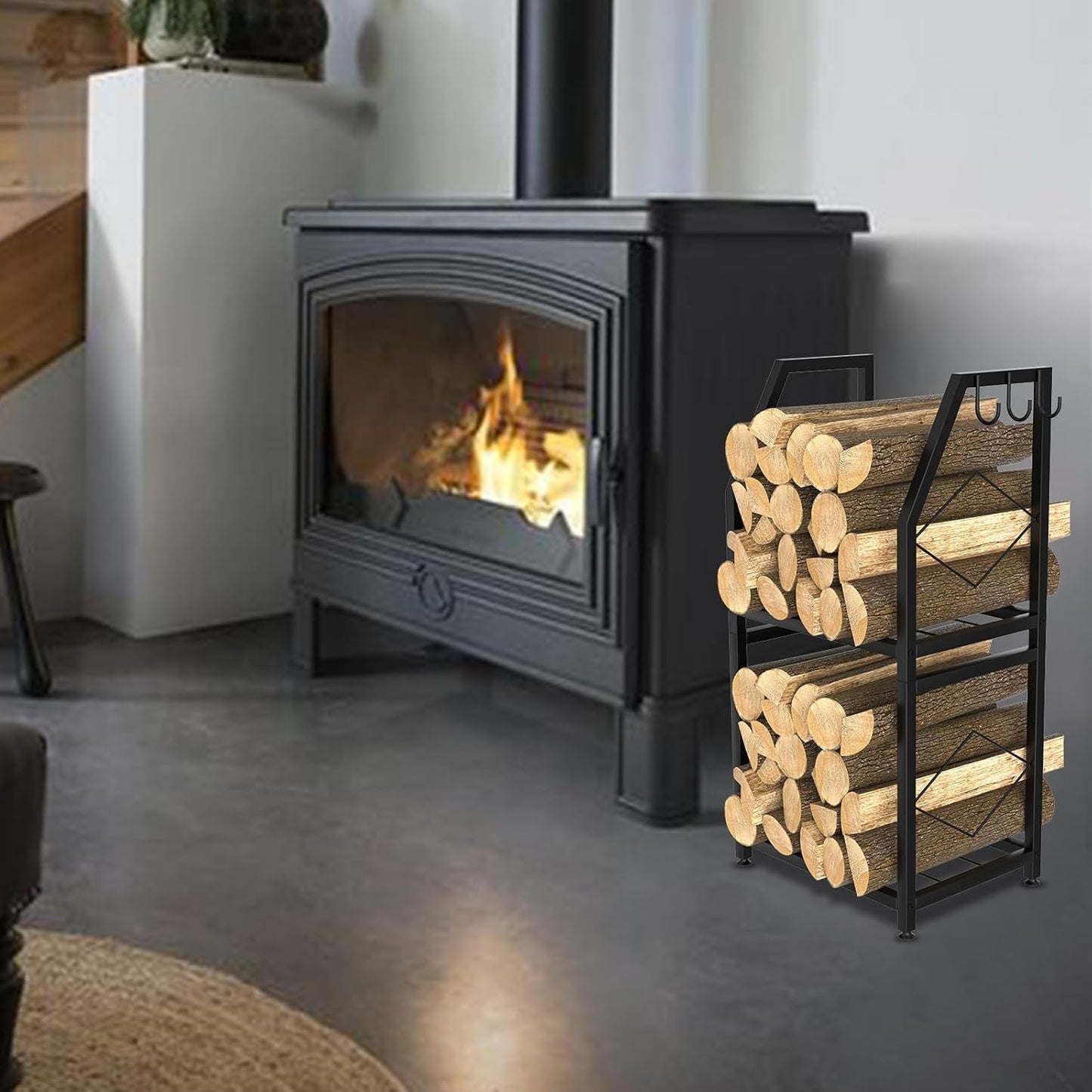 VyGrow Firewood Rack for Indoor, 2-Tier Firewood Holder with 3 Hanging Hooks, Heavy Duty Wood Rack for Outdoor Patio, Black