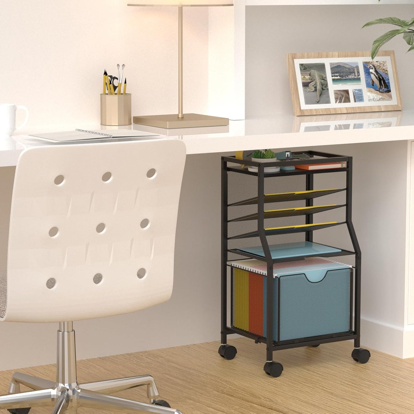 BOHDK Rolling File Cart, 6-Tier Desk File Organizer on Lockable Wheels, Black Wood Planks & Mesh Sliding Hanging Folder Drawer, Organization Cart for Office Home School