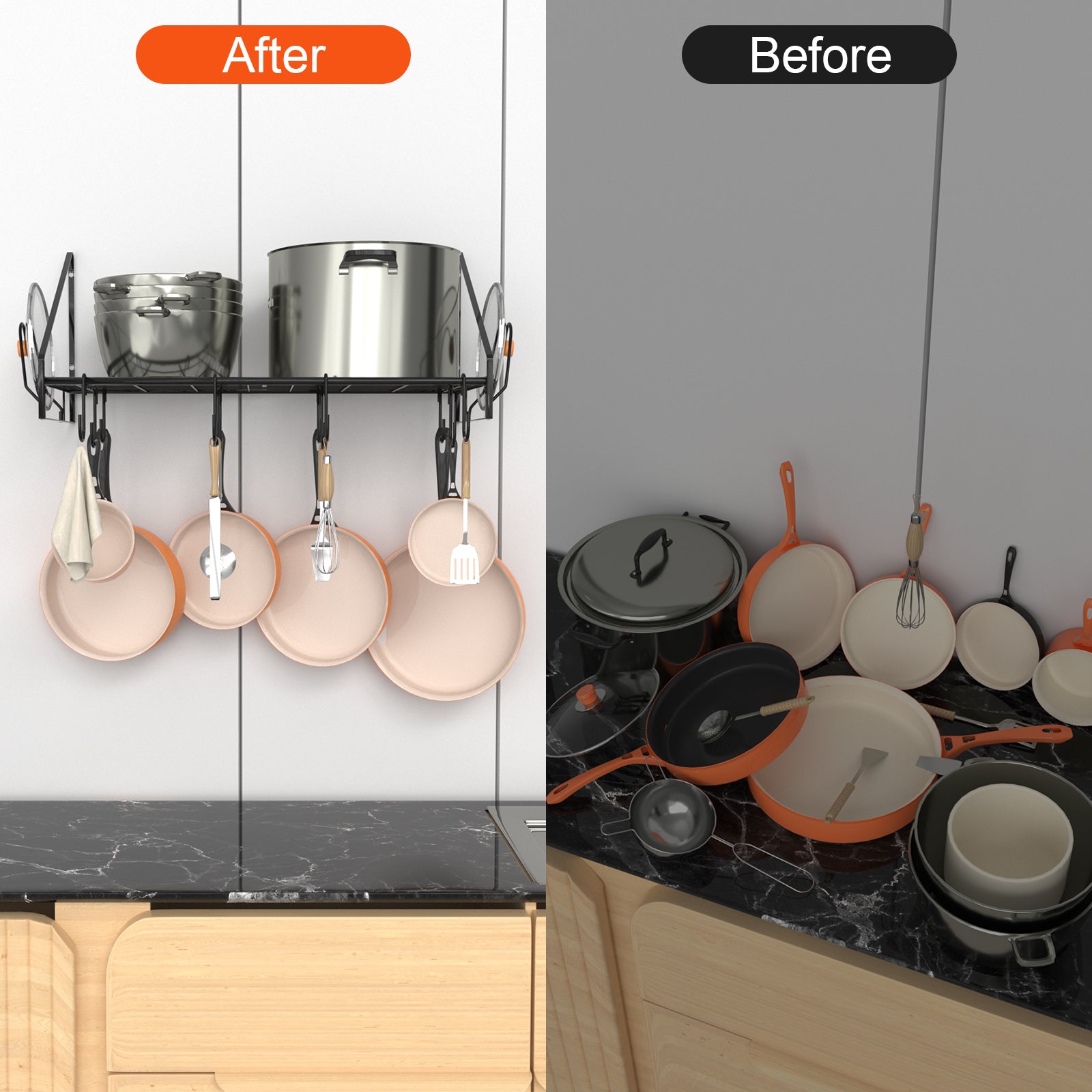 VyGrow 28 Inch Pot Rack Wall Mounted, Pots and Pans Organizer with 12 Hooks and 2 Pot Lid Holders, Heavy Duty Steel Pot and Pan Hanger for Kitchen Cookware Utensils Storage 34.7