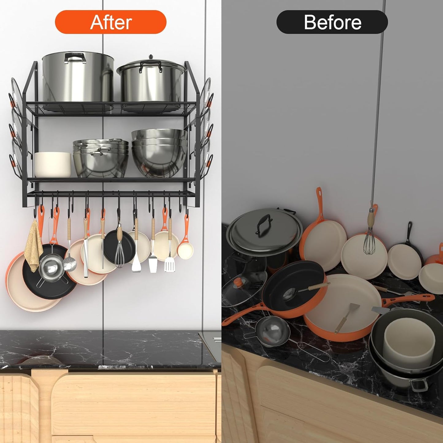 VyGrow 35 Inch Pot Rack Wall Mounted, 2 Tier Pots and Pans Organizer with 20 Hooks and 6 Pot Lid Holders, Heavy Duty Steel Pot and Pan Hanger for Kitchen Cookware Utensils Storage 34.7" Lx13 Wx26.4 H