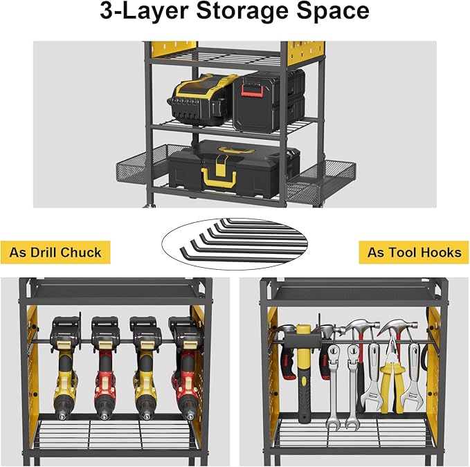 NEYCIL Power Tool Organizer Cart with Charging Station, Heavy Duty Garage Tool Organizer Rolling Tool Battery Storage with 8-Outlet Power Strip, 4 Wheels, 2 Hanging Baskets, 8 Hooks, Drill Bit Holder, Yellow