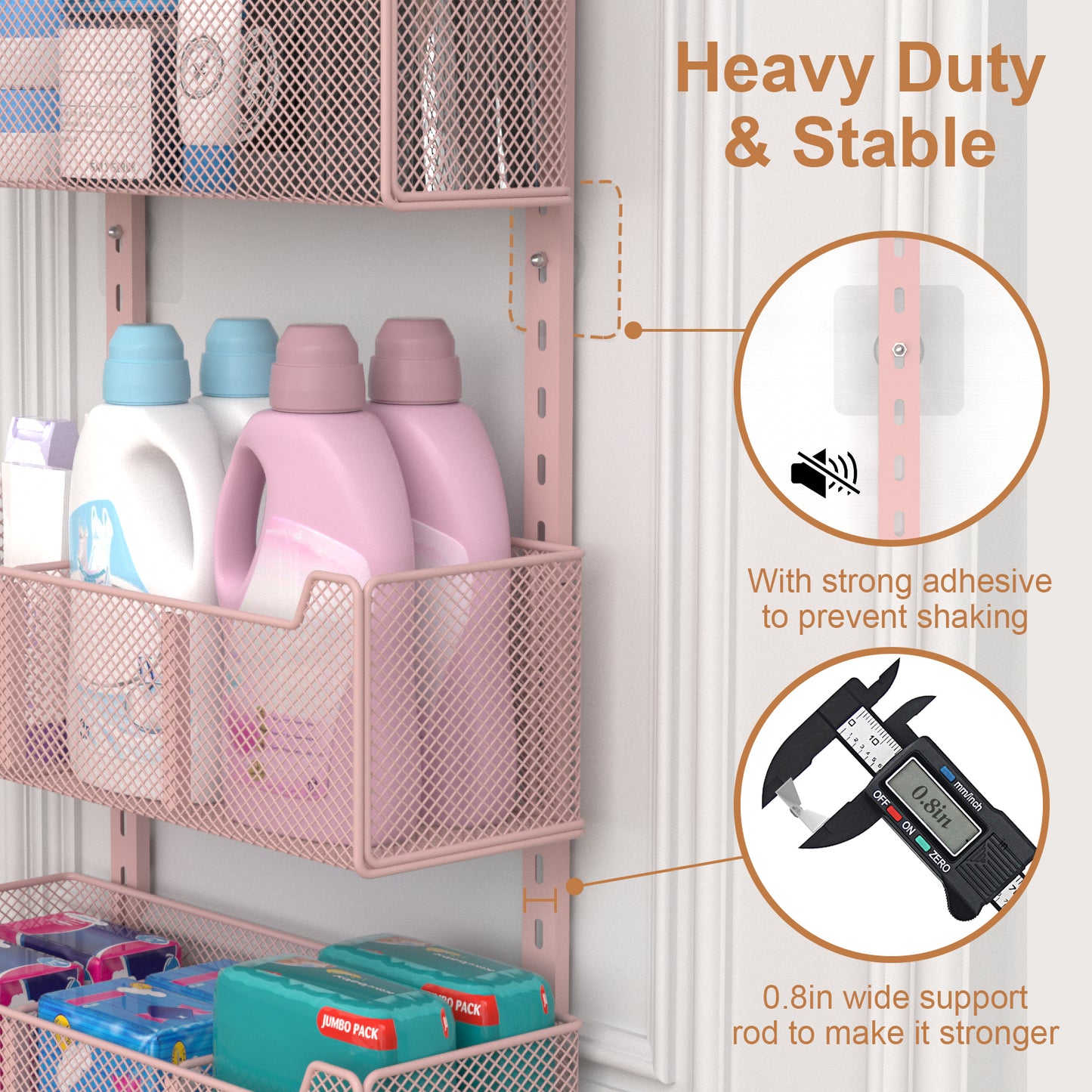 VyGrow Over The Door Organizer, Metal Door Organizer Hanging with 5 Adjustable Baskets and Coat Hook, Behind The Door Storage for Bedroom Closet Bathroom Pantry Cabinet Kitchen, Pink