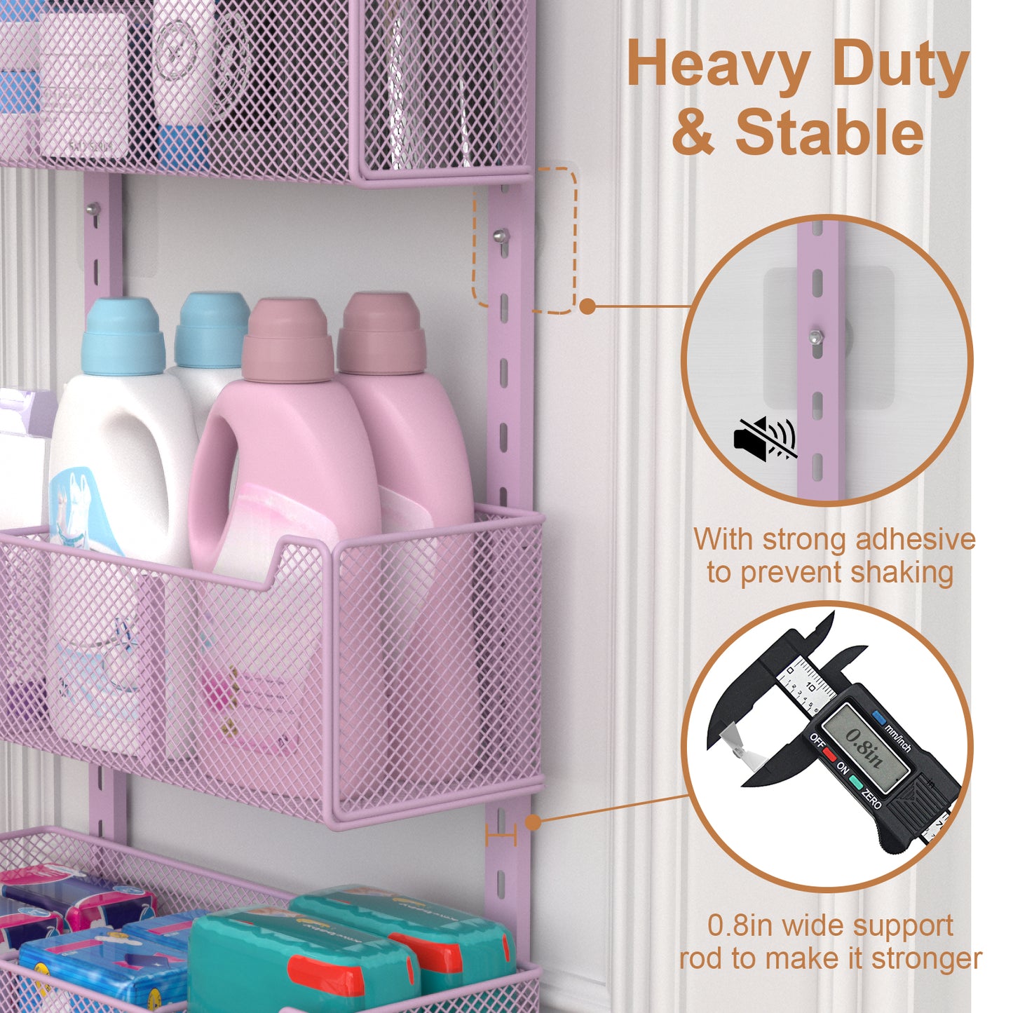 VyGrow Over The Door Organizer, Metal Door Organizer Hanging with 5 Adjustable Baskets and Coat Hook, Behind The Door Storage for Bedroom Closet Bathroom Pantry Cabinet Kitchen, Purple