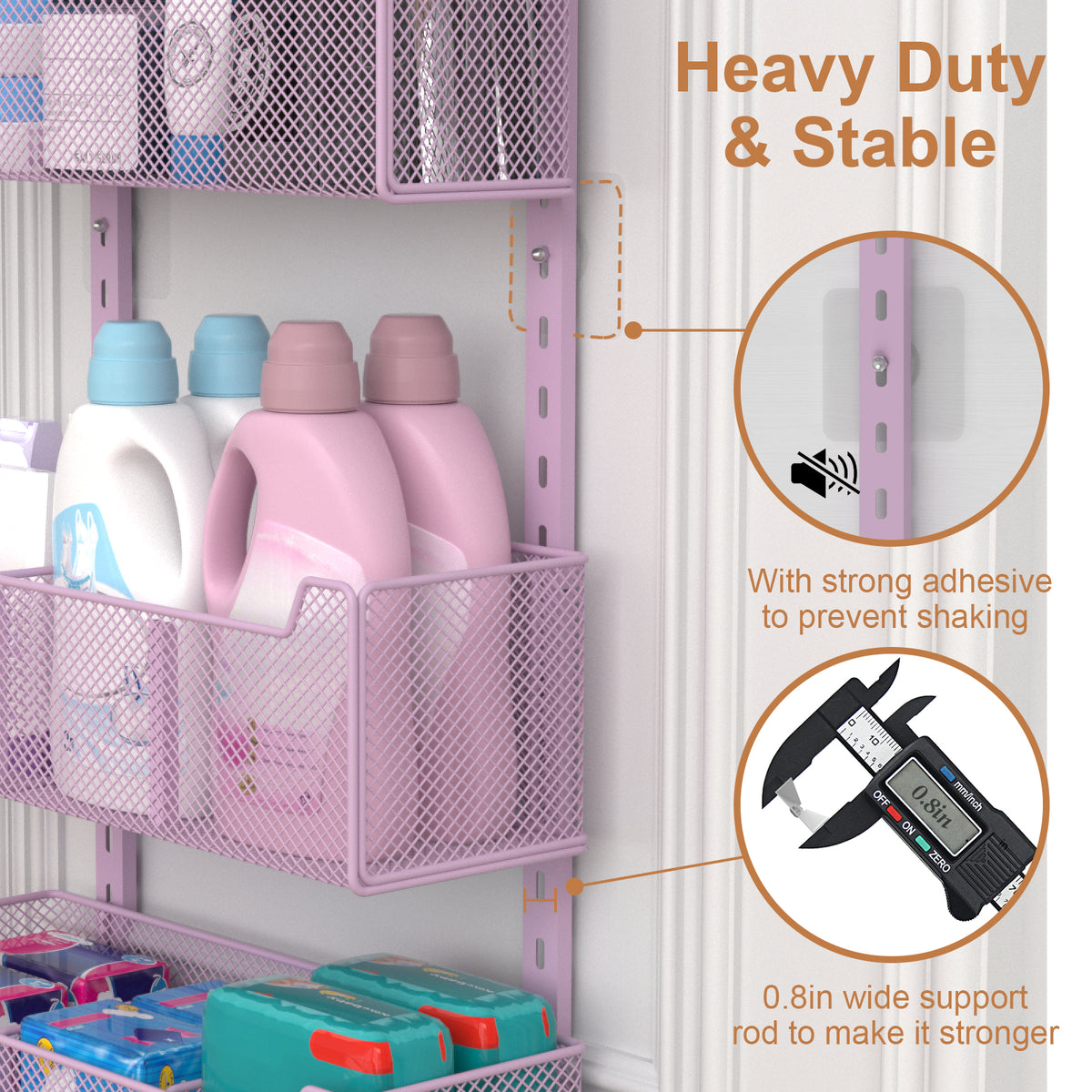 VyGrow Over The Door Organizer, Metal Door Organizer Hanging with 5 Adjustable Baskets and Coat Hook, Behind The Door Storage for Bedroom Closet Bathroom Pantry Cabinet Kitchen, Purple