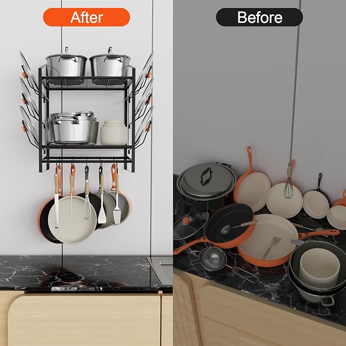 VyGrow 17 Inch Pot Rack Wall Mounted, 2 Tier Pots and Pans Organizer with 10 Hooks and 6 Pot Lid Holders, Heavy Duty Steel Pot and Pan Hanger for Kitchen Cookware Utensils Storage 24