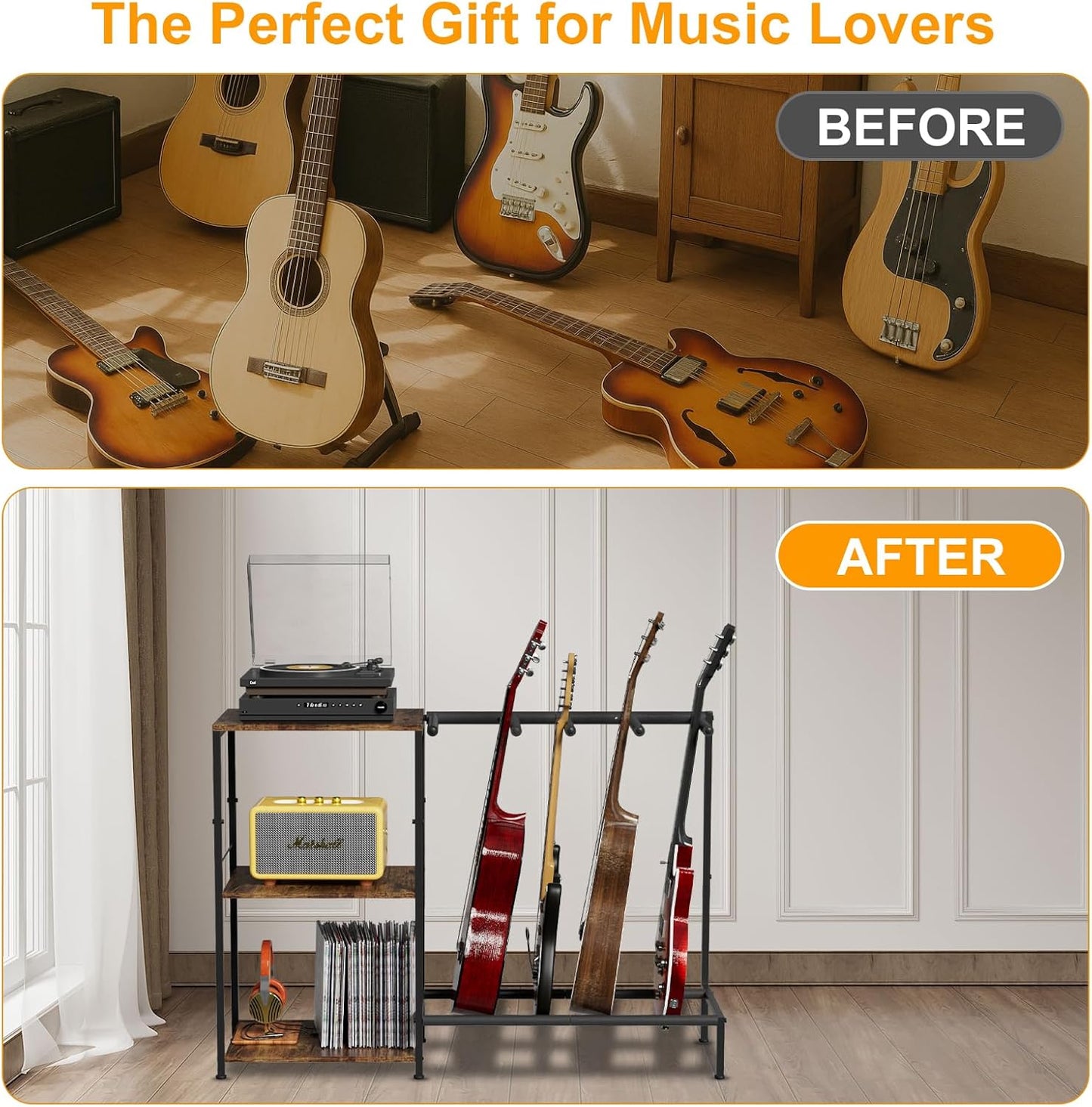 NEYCIL Guitar Stand for 4 Guitars, Adjustable Multiple Guitars Rack with Soft-Padded Protector for Acoustic, Electric, Bass & Ukulele, Guitar Display Stand with 3-tier Shelves for Amp & Vinyl Records