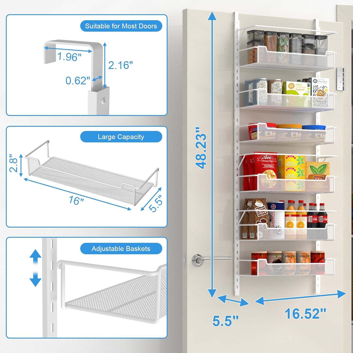 VyGrow Over the Door Pantry Organizer, 6-Tier Over the Door Organizer with Adjustable Basket, Pantry Door Organization for Pantry Kitchen Storage Room Spice Rack, White