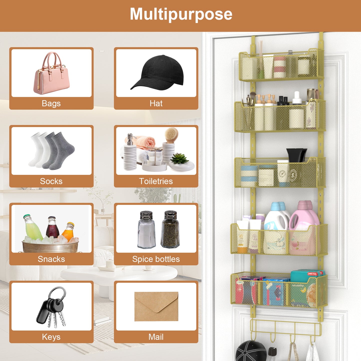 VyGrow Over The Door Organizer, Metal Door Organizer Hanging with 5 Adjustable Baskets and Coat Hook, Behind The Door Storage for Bedroom Closet Bathroom Pantry Cabinet Kitchen, Gold