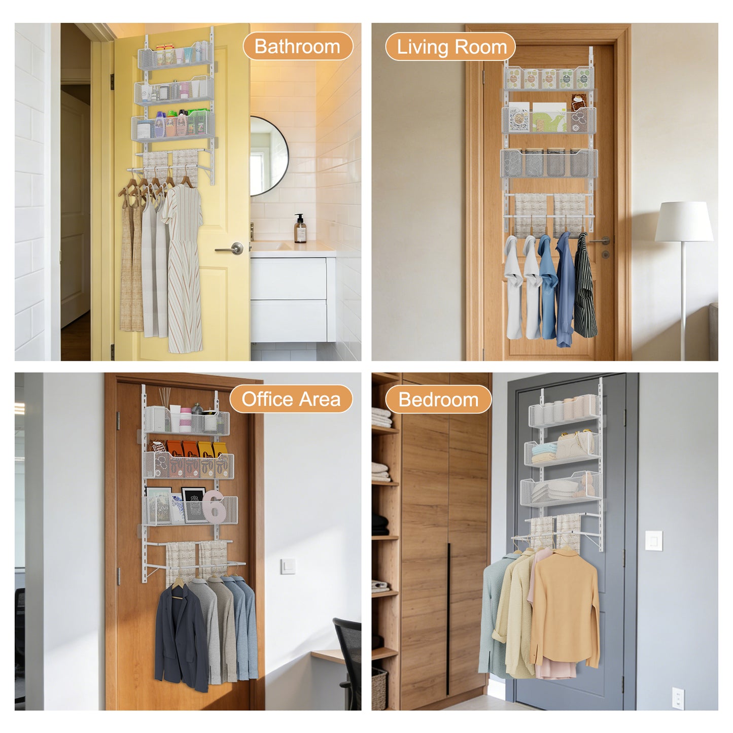 VyGrow Over The Door Clothes Hanging Rod with 3 Tier Mesh Baskets, Metal Over The Door Hanger for Coat, Clothes Drying Rack for Door for Laundry Bathroom Bedroom Office, White