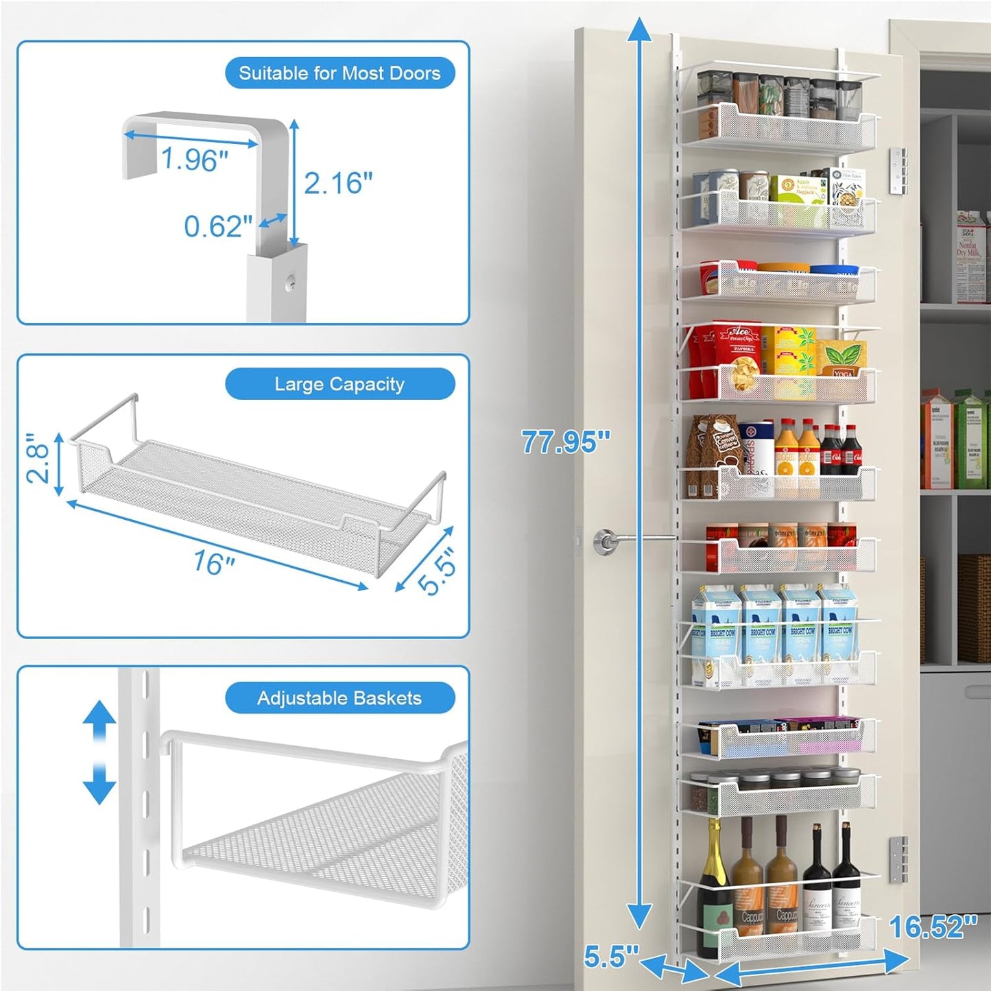 VyGrow Over the Door Pantry Organizer, 6-Tier Over the Door Organizer with Adjustable Basket, Pantry Door Organization for Pantry Kitchen Storage Room Spice Rack, White