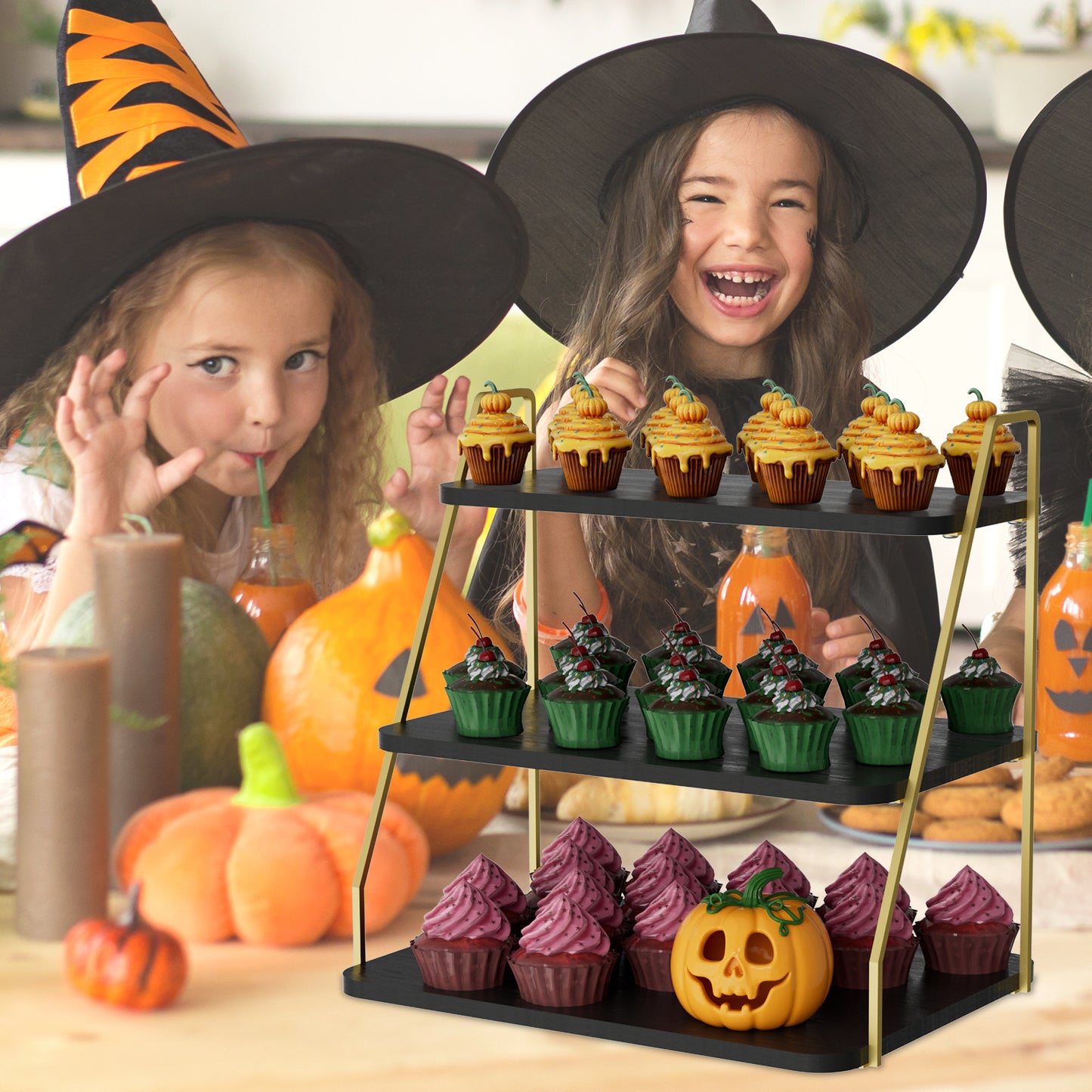 VyGrow Cupcake Stand, 3-Tier Dessert Stand for 55 Cupcakes, Wood & Metal Tower Display Premium Holder Dessert Tree Tower for Christmas Birthday Weddings Party Decor, Serving Tray (Black & Gold)