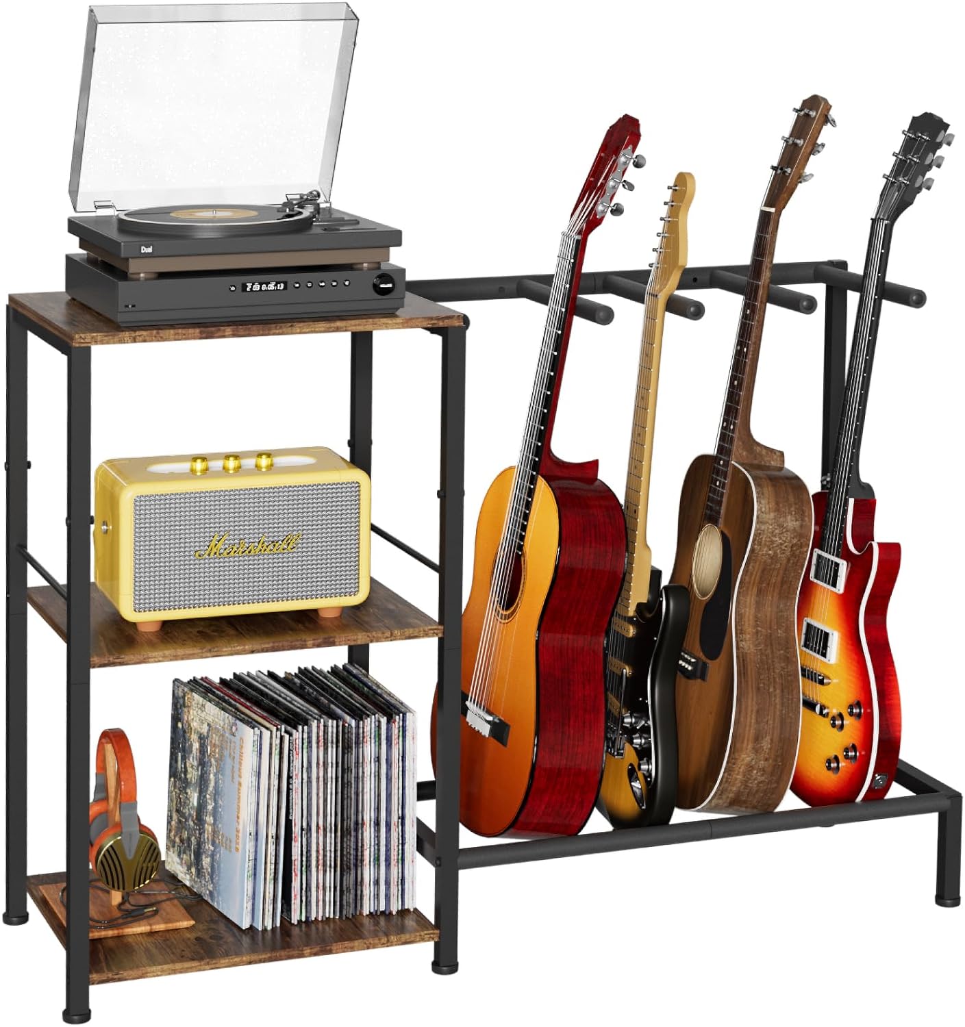 NEYCIL Guitar Stand for 4 Guitars, Adjustable Multiple Guitars Rack with Soft-Padded Protector for Acoustic, Electric, Bass & Ukulele, Guitar Display Stand with 3-tier Shelves for Amp & Vinyl Records