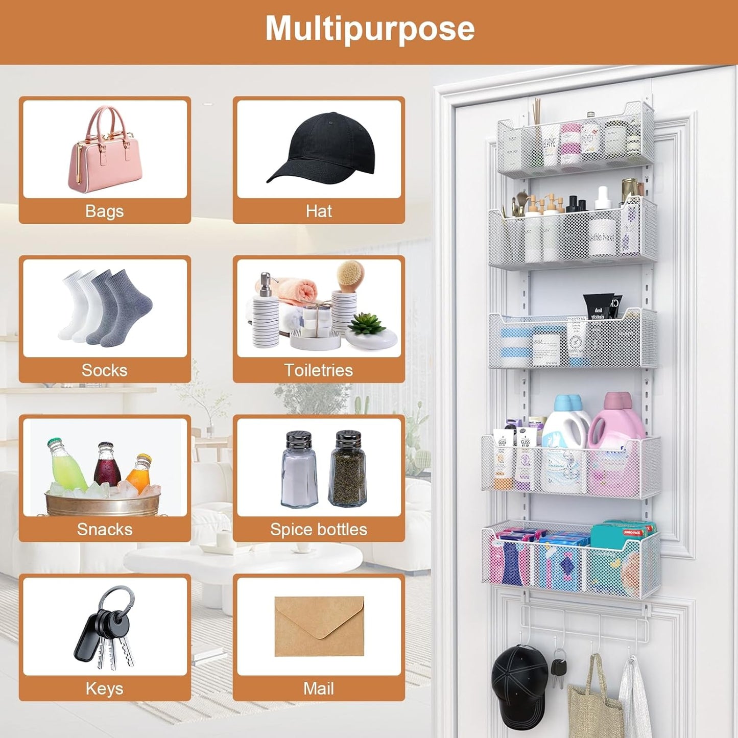 VyGrow Over The Door Organizer, Metal Door Organizer Hanging with 5 Adjustable Baskets and Coat Hook, Behind The Door Storage for Bedroom Closet Bathroom Pantry Cabinet Kitchen, White