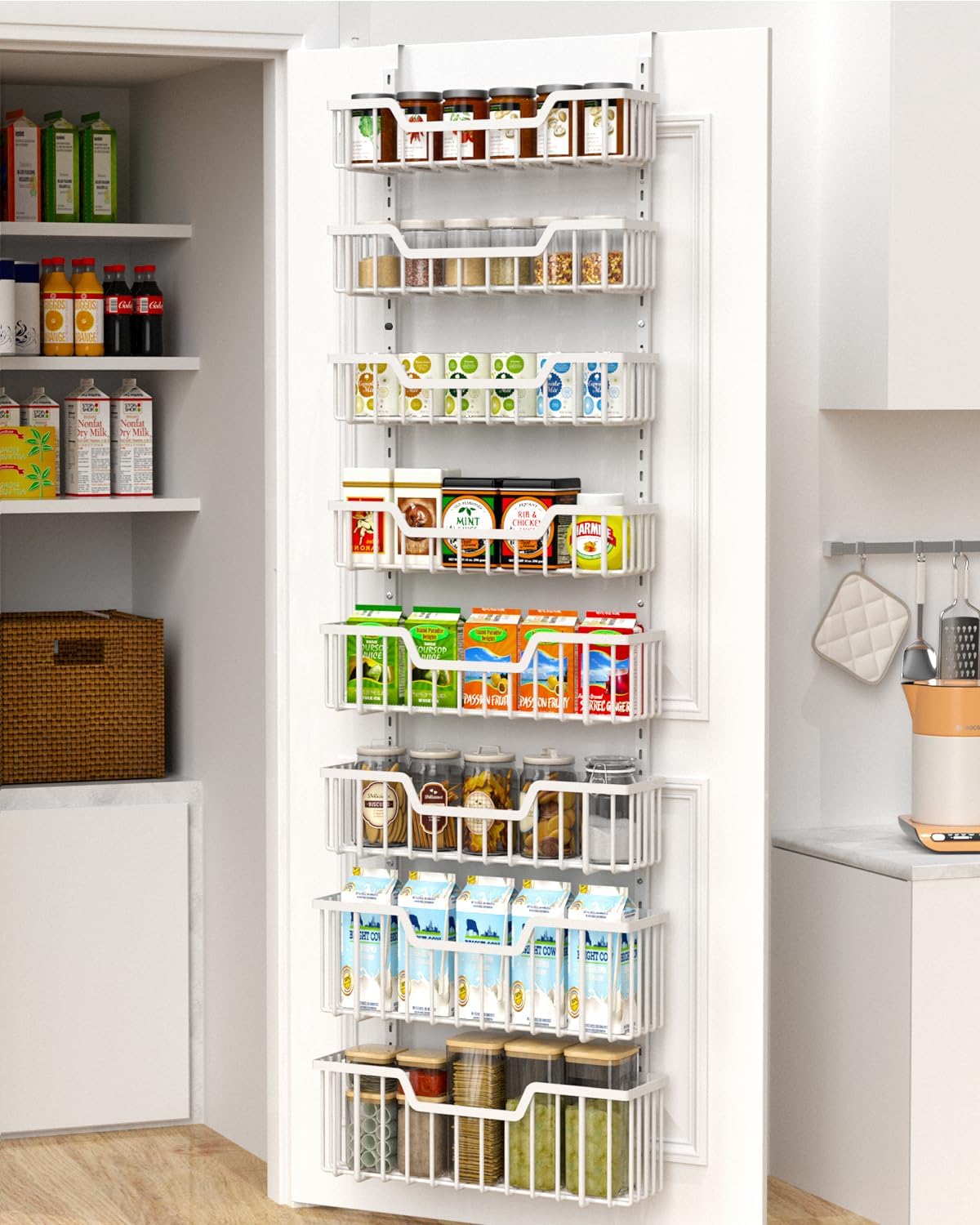 VyGrow Over The Door Pantry Organizer, 8-Tier Pantry Door Organizer Shelves | 3 Sizes | Adjustable Basket | Metal Hanging Spice Rack for Kitchen, Pantry, Cabinet, Back of Door Seasoning Rack