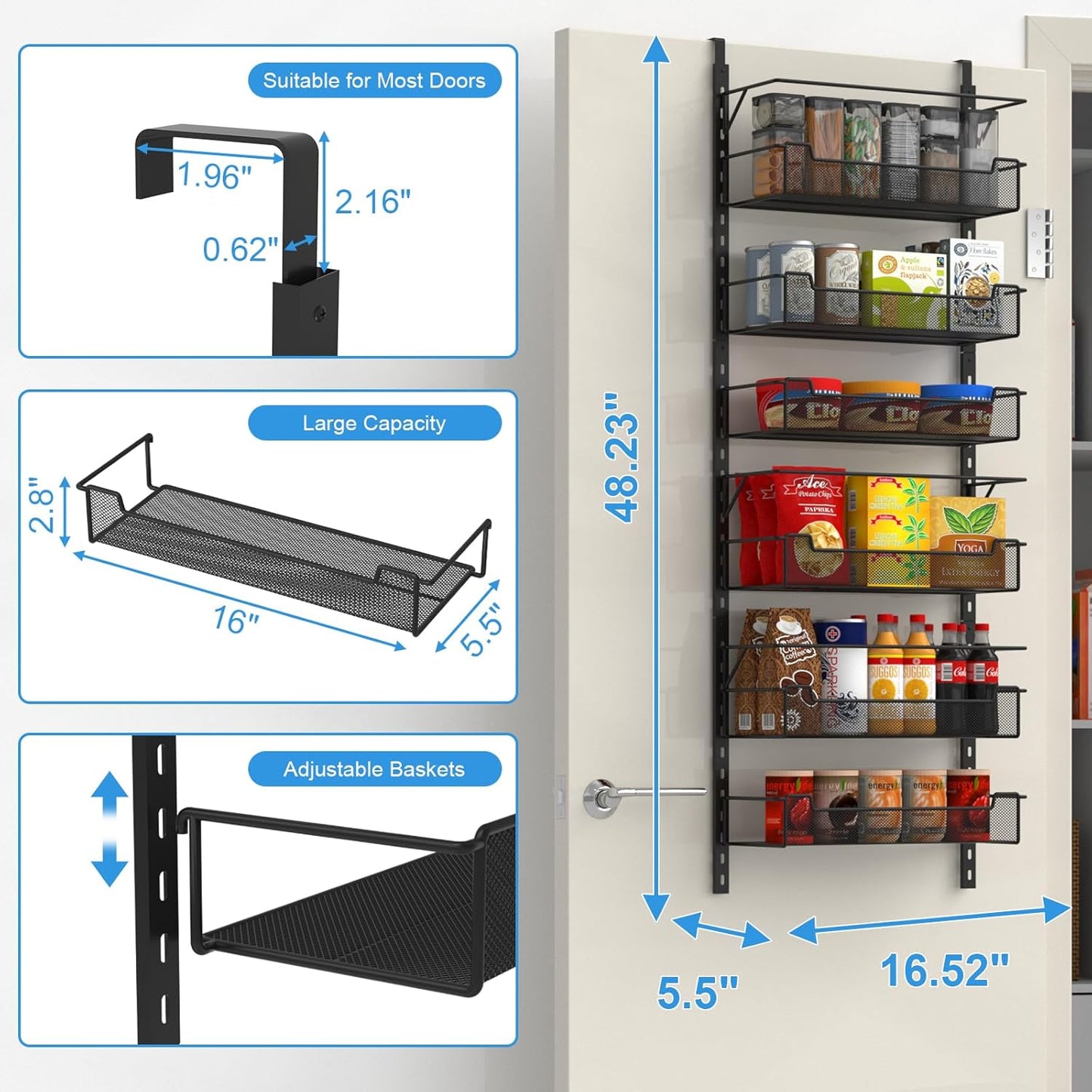 VyGrow Over the Door Pantry Organizer, 8-Tier Over the Door Organizer with Adjustable Basket, Pantry Door Organization for Pantry Kitchen Storage Room Spice Rack, Black