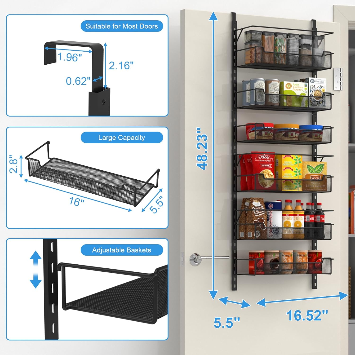 VyGrow Over the Door Pantry Organizer, 8-Tier Over the Door Organizer with Adjustable Basket, Pantry Door Organization for Pantry Kitchen Storage Room Spice Rack, Black