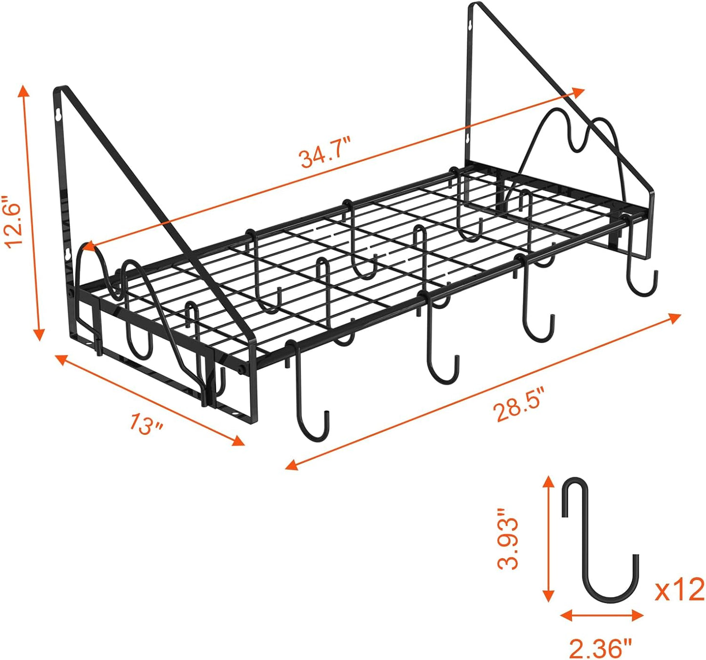 VyGrow 35 Inch Pot Rack Wall Mounted, 2 Tier Pots and Pans Organizer with 20 Hooks and 6 Pot Lid Holders, Heavy Duty Steel Pot and Pan Hanger for Kitchen Cookware Utensils Storage 34.7" Lx13 Wx26.4 H